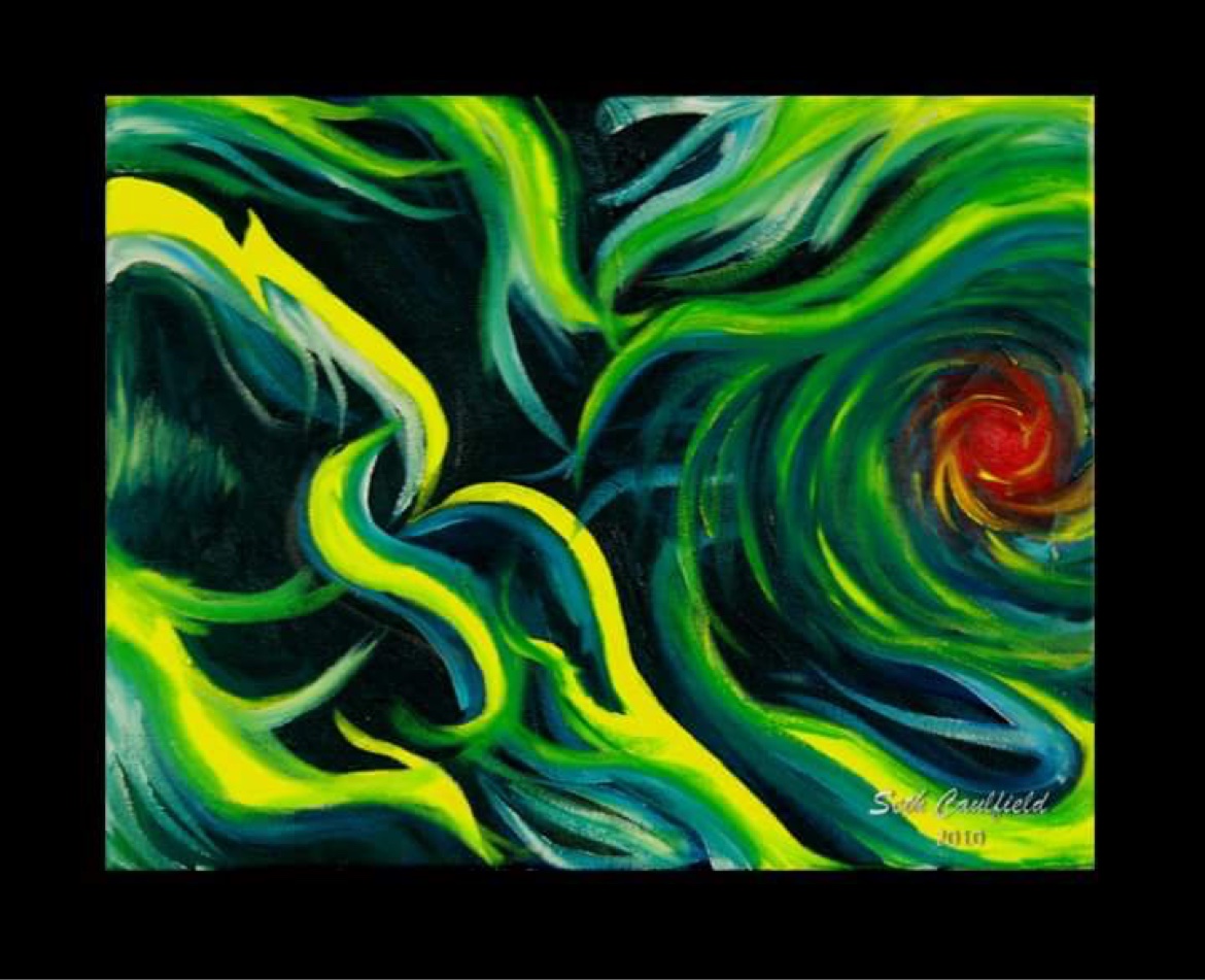 Green and yellow abstract oil painting by Seth Caulfield