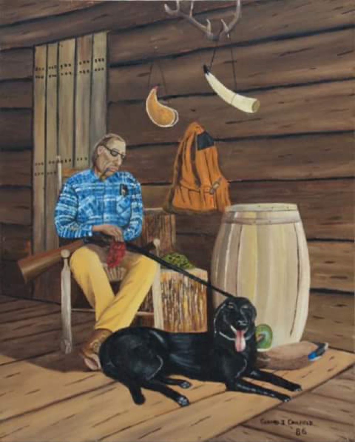 Original oil painting of a man and black dog at a cabin by Gerard Caulfield