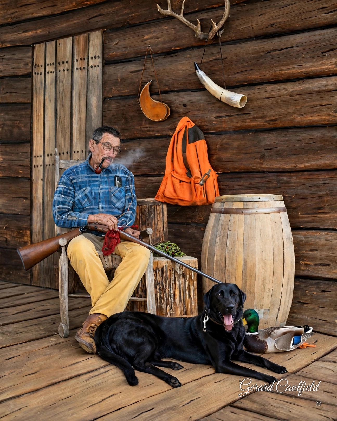 Signed realistic Art to AI version of the man and black dog at the cabin