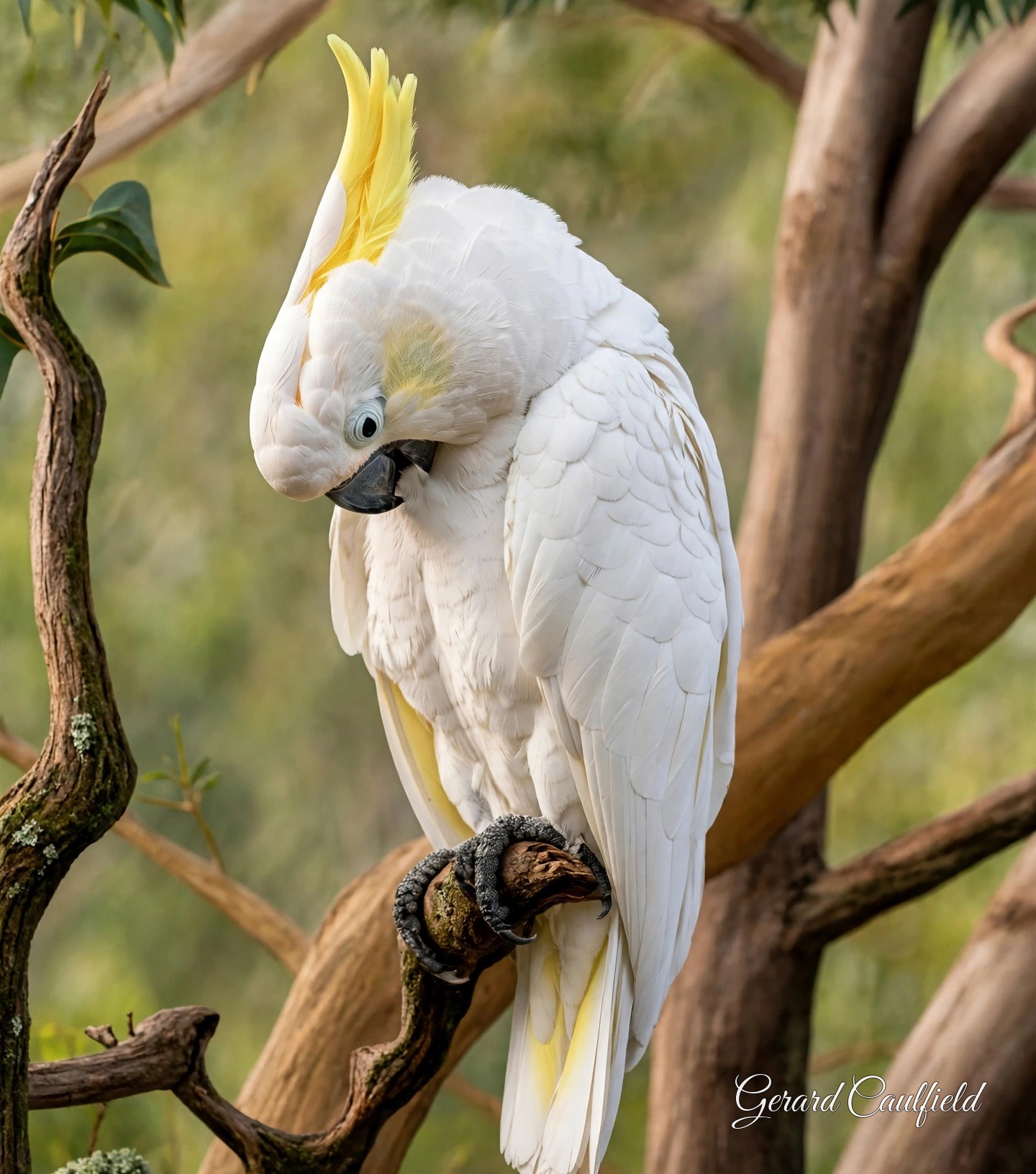 Signed realistic Art to AI version of a white cockatoo perched on a branch