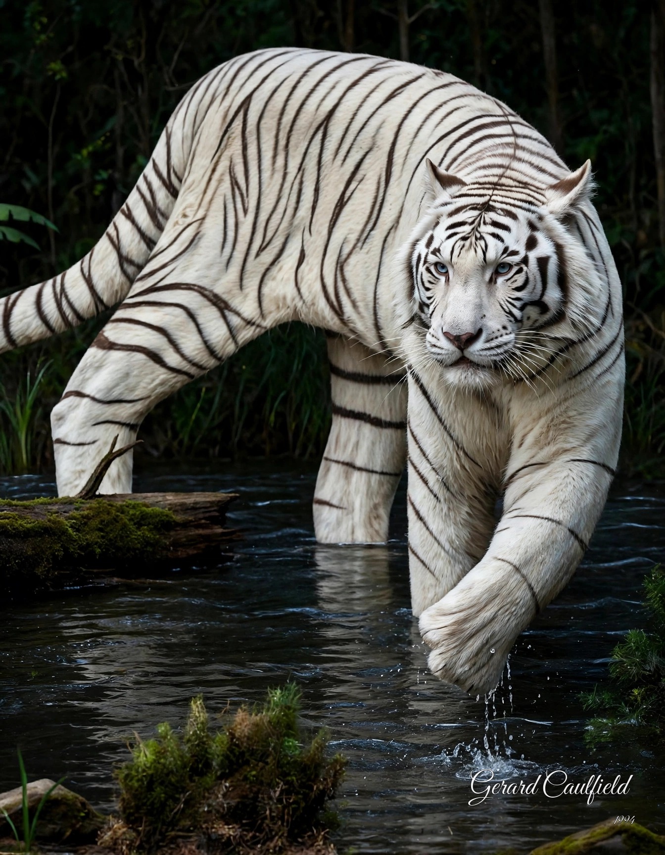 Signed realistic Art to AI version of a white tiger wading through water