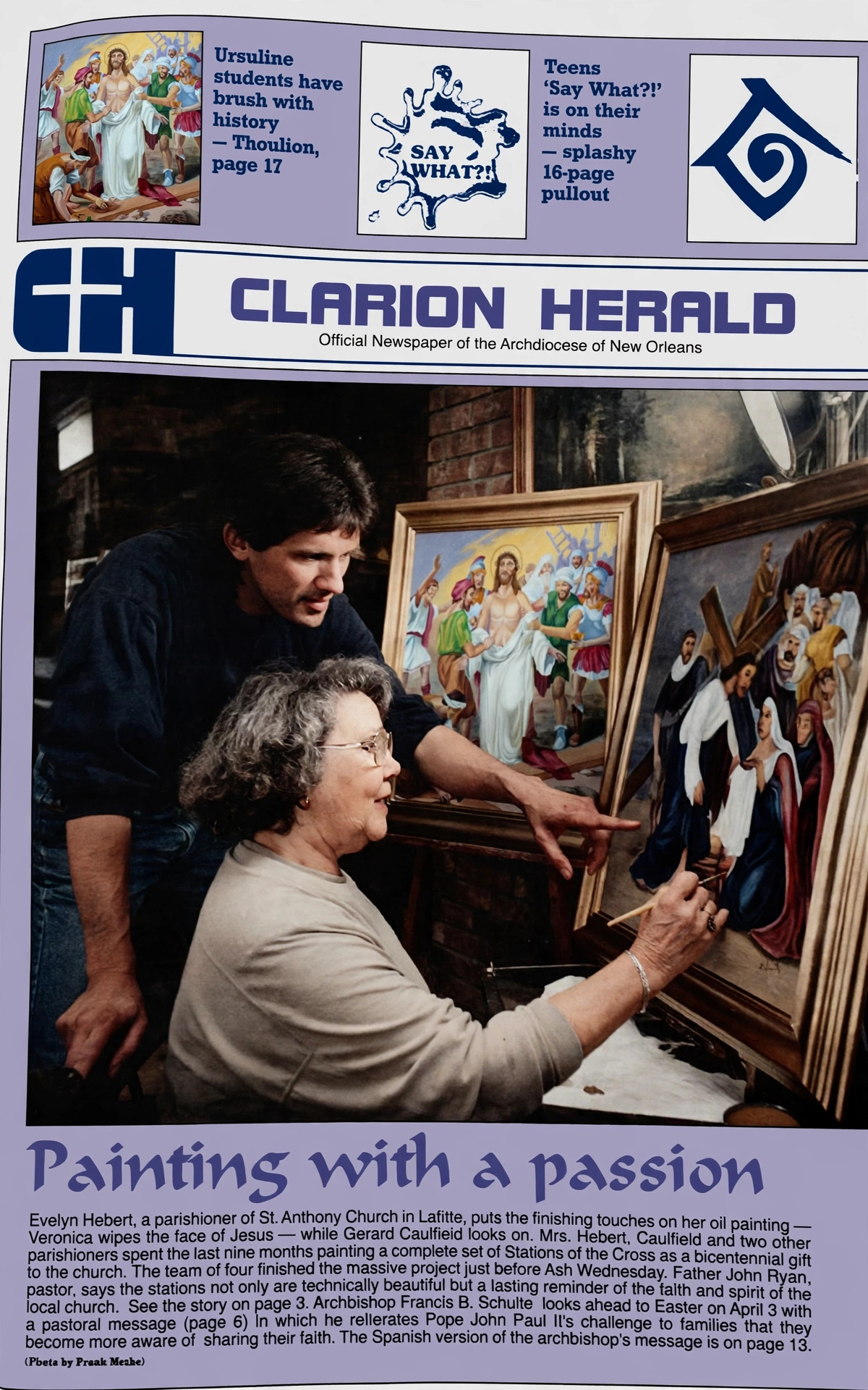 Clarion Herald front page headlined ‘Painting with a passion,’ showing Evelyn Hebert working on a Stations of the Cross painting while Gerard Caulfield looks on