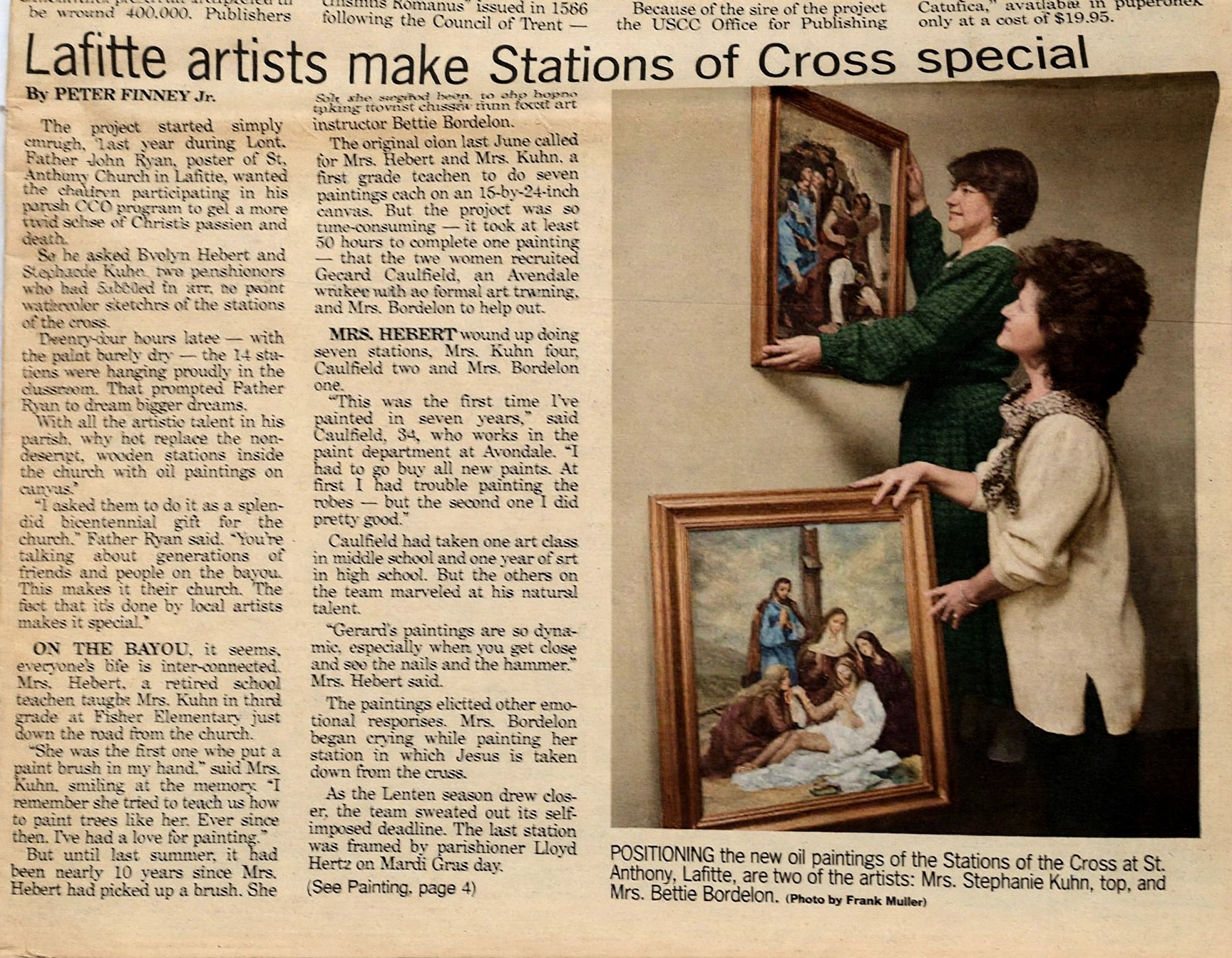 Clarion Herald article ‘Lafitte artists make Stations of Cross special,’ with text and a photograph of the parish artists positioning framed Stations of the Cross paintings