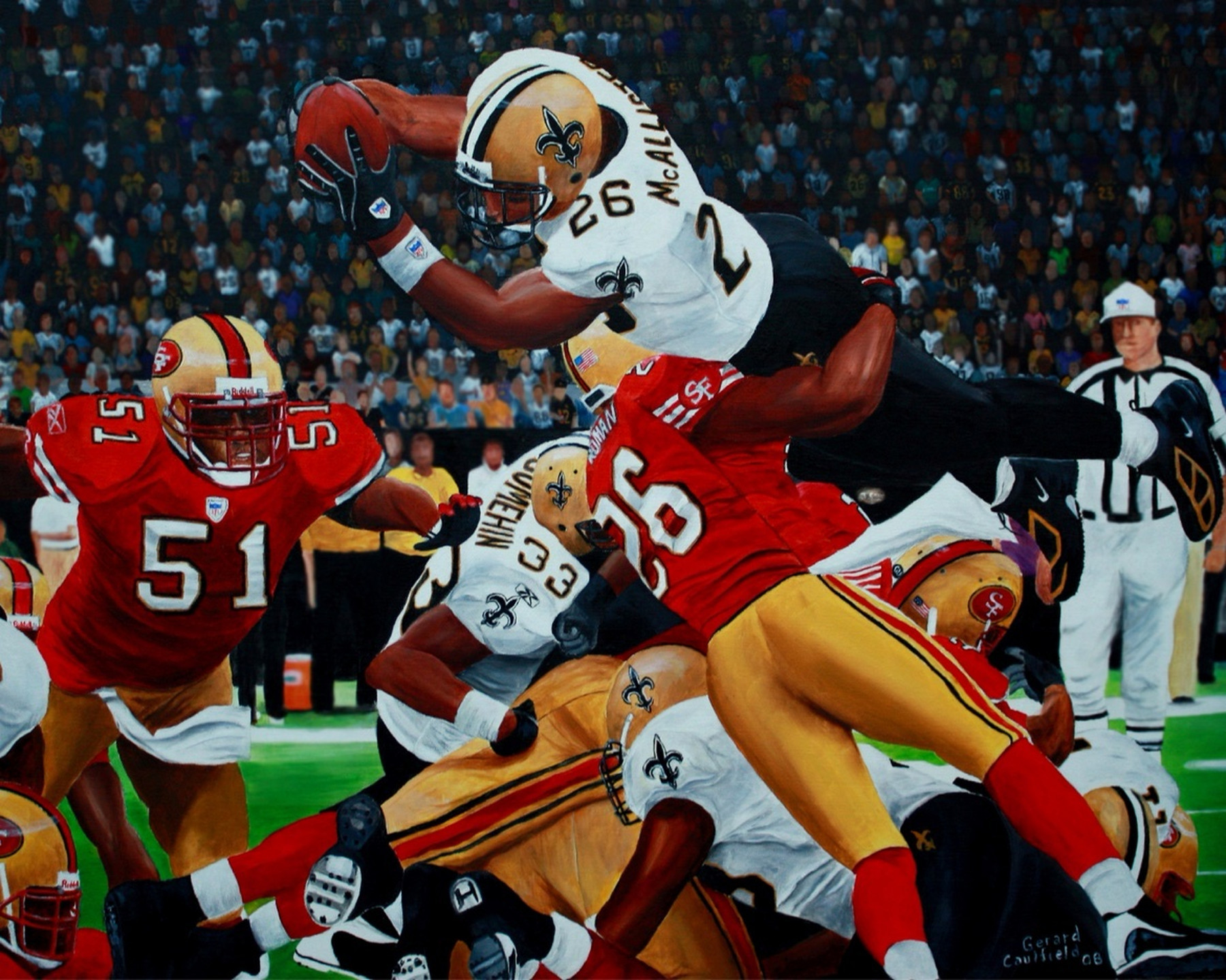 Deuce McAllister scoring his 50th touchdown against the 49ers, original oil painting by Gerard Caulfield