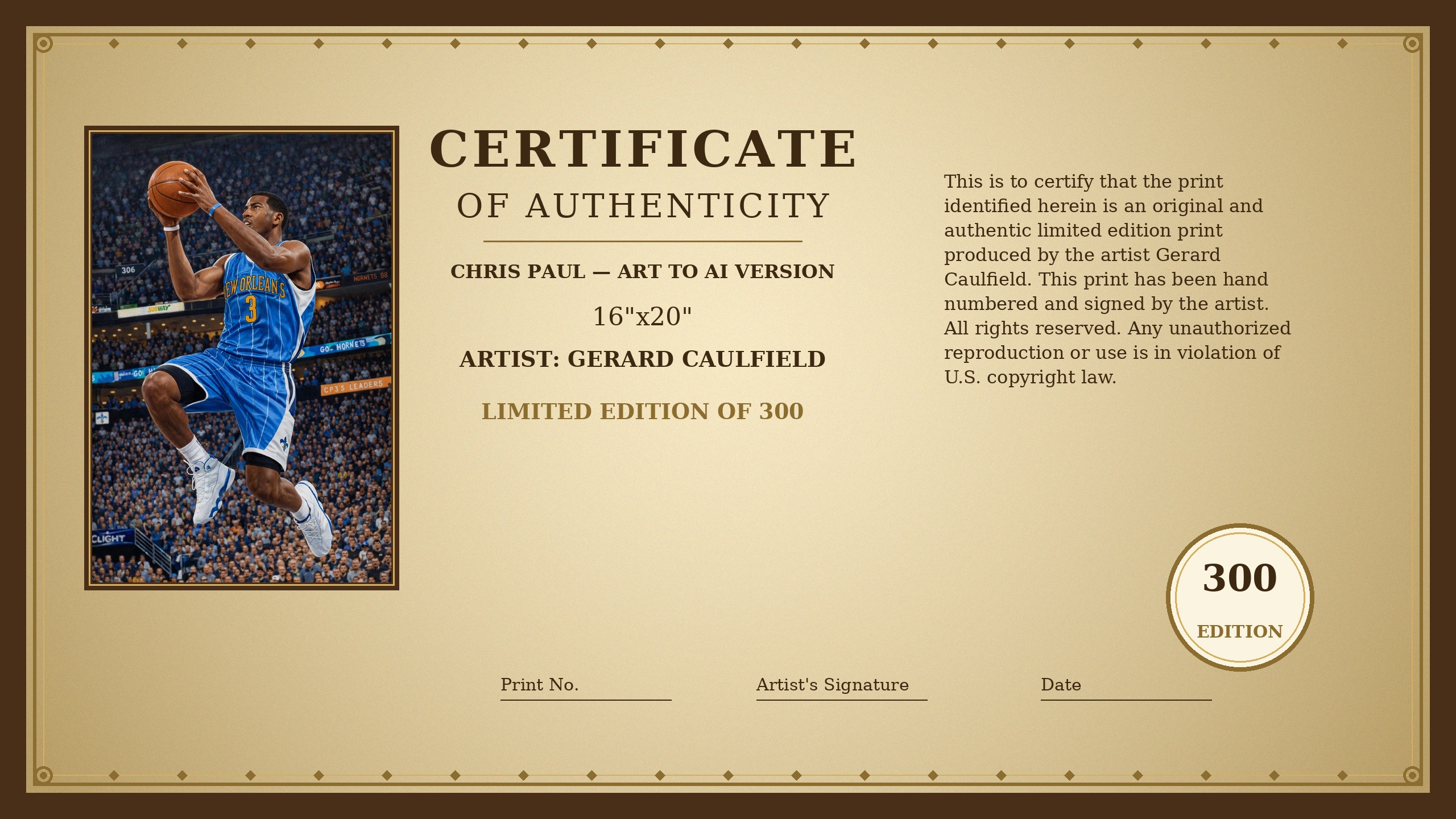 Certificate of Authenticity for the Chris Paul — Blue Hornets Uniform, 2009 Art to AI print by Gerard Caulfield