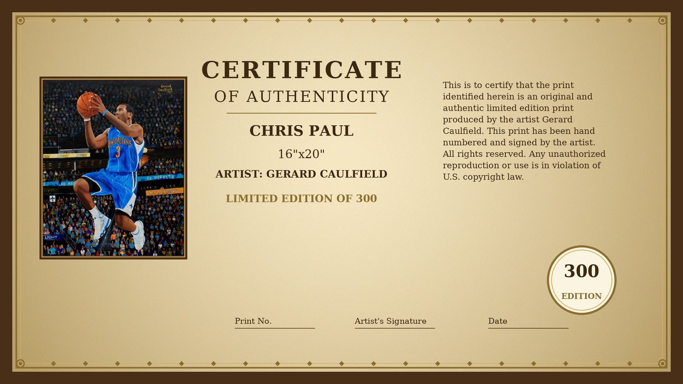 Certificate of Authenticity for Chris Paul — Blue Hornets Uniform, 2009 by Gerard Caulfield