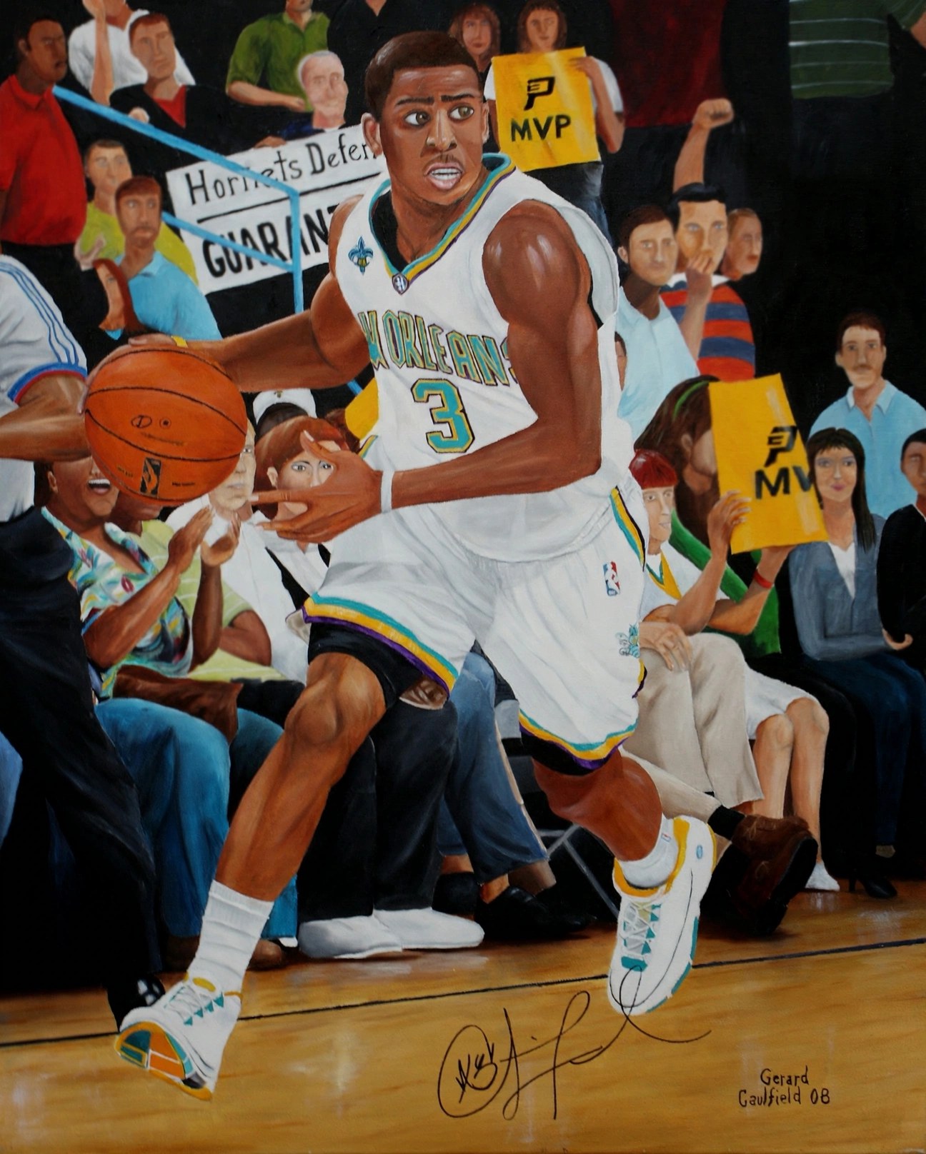 Original oil painting for Chris Paul — White Hornets Uniform, 2008, artwork by Gerard Caulfield