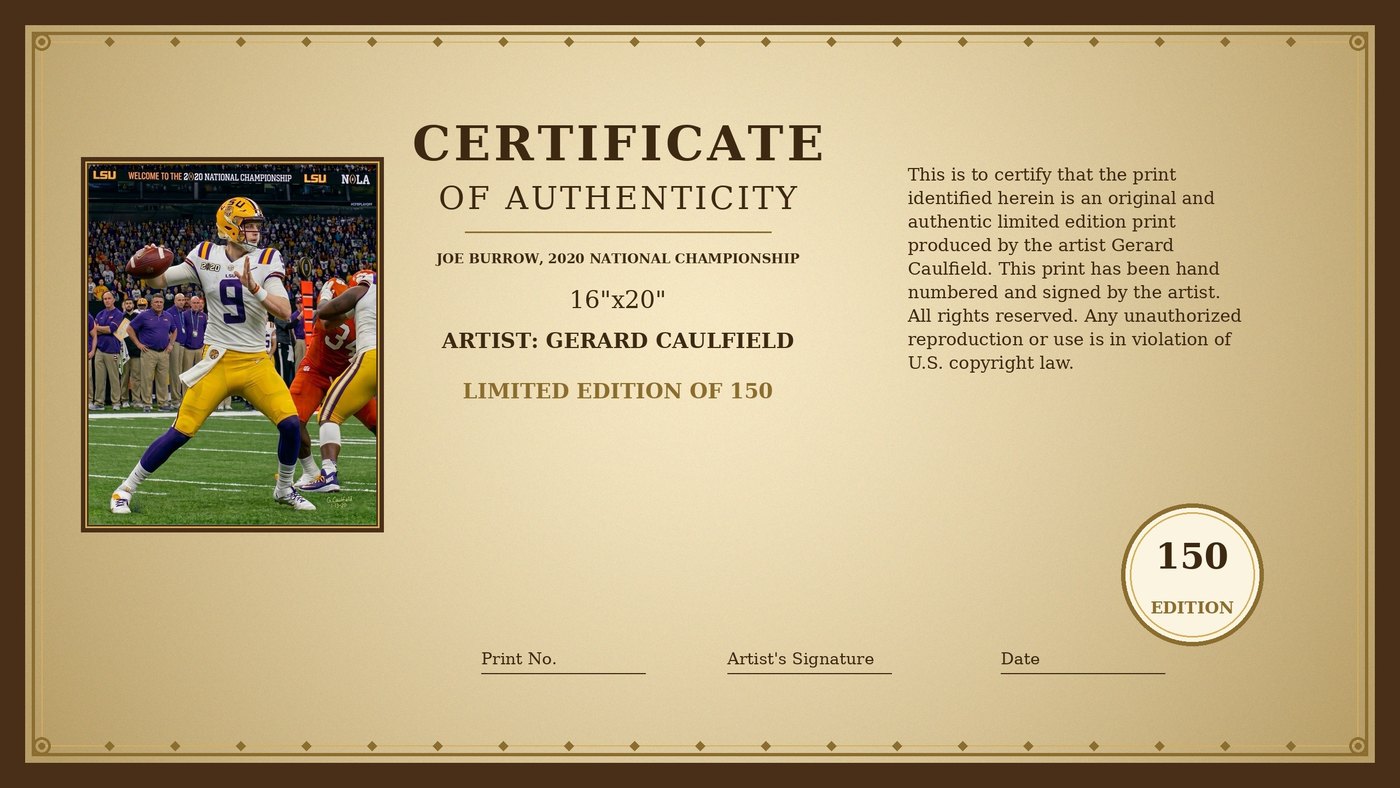 Certificate of Authenticity for Joe Burrow — 2020 National Championship by Gerard Caulfield