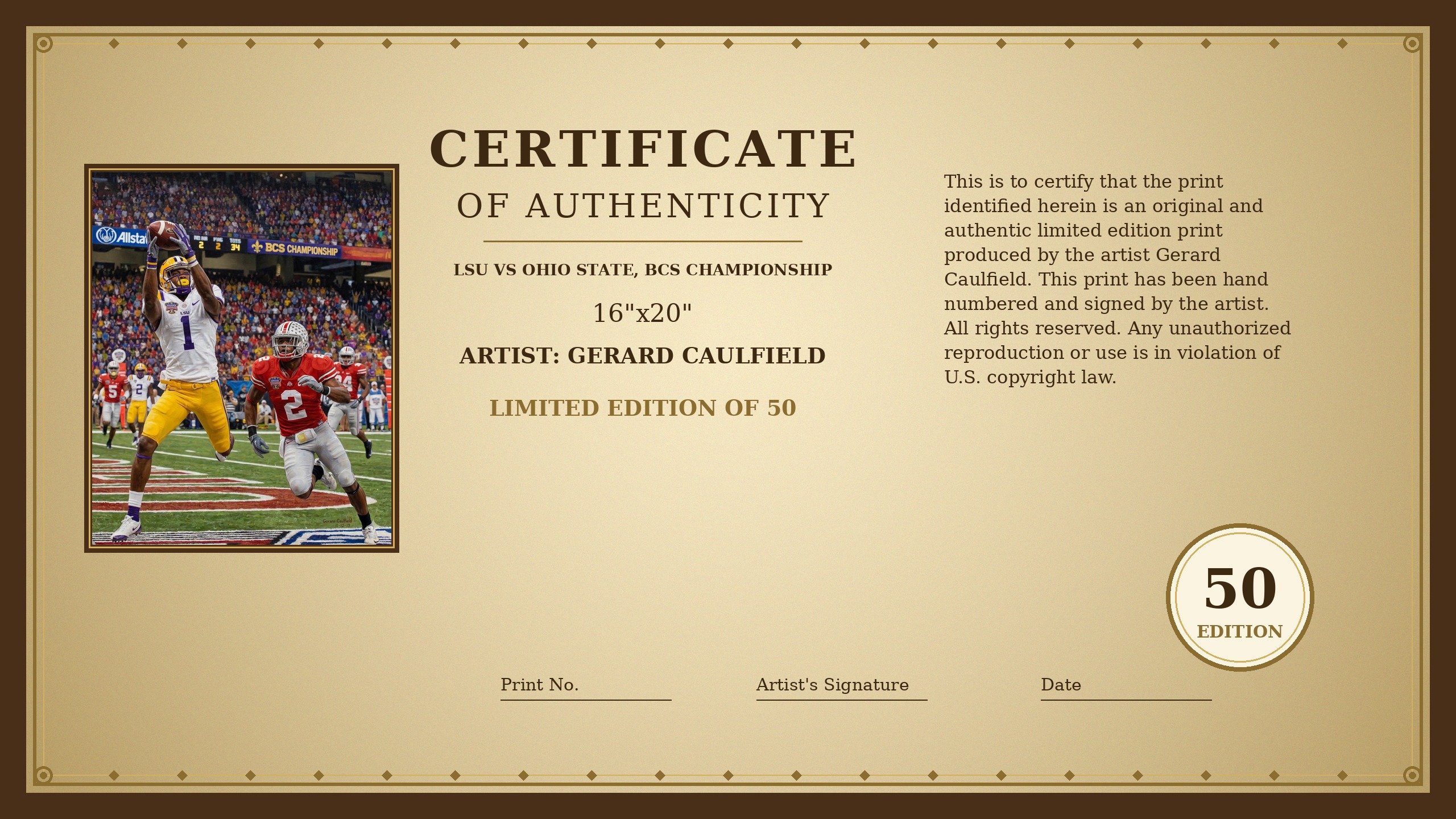 Certificate of Authenticity for LSU #1 vs Ohio State — BCS Championship by Gerard Caulfield