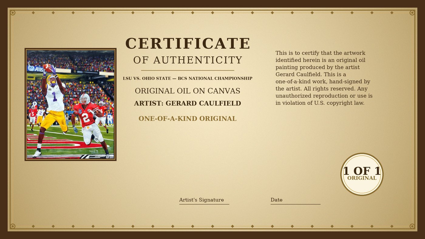 Certificate of Authenticity for LSU #1 vs Ohio State — BCS Championship by Gerard Caulfield