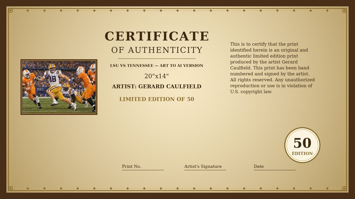 Certificate of Authenticity for LSU vs Tennessee by Gerard Caulfield