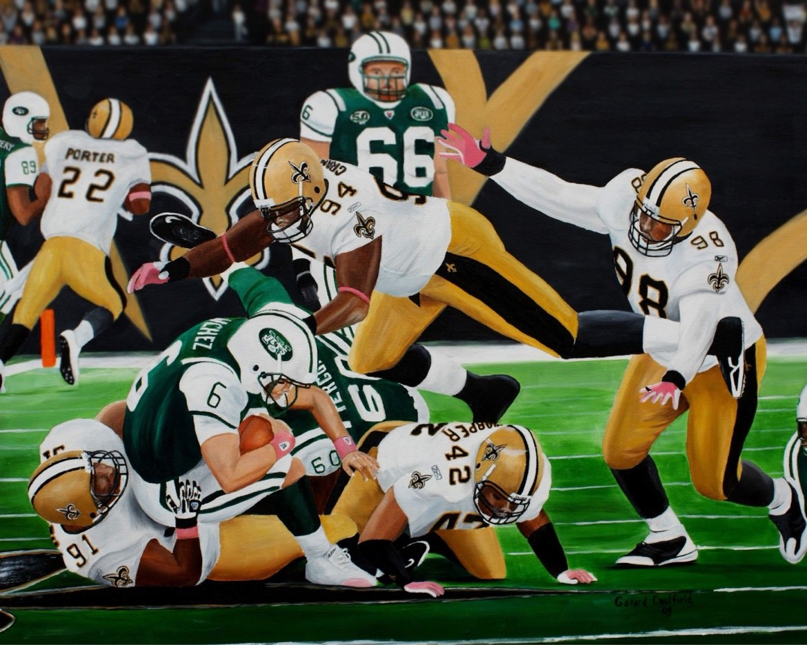 Saints vs. Jets, Game 4, original oil painting by Gerard Caulfield