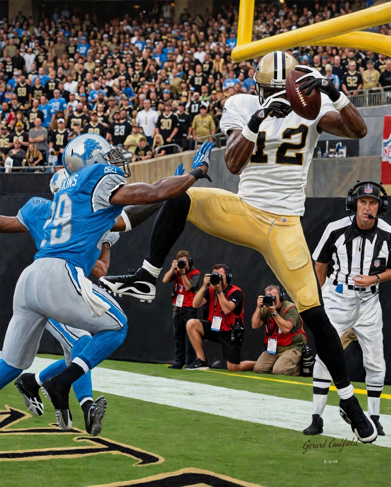 Art to AI version for Saints vs. Lions, Game 1, artwork by Gerard Caulfield