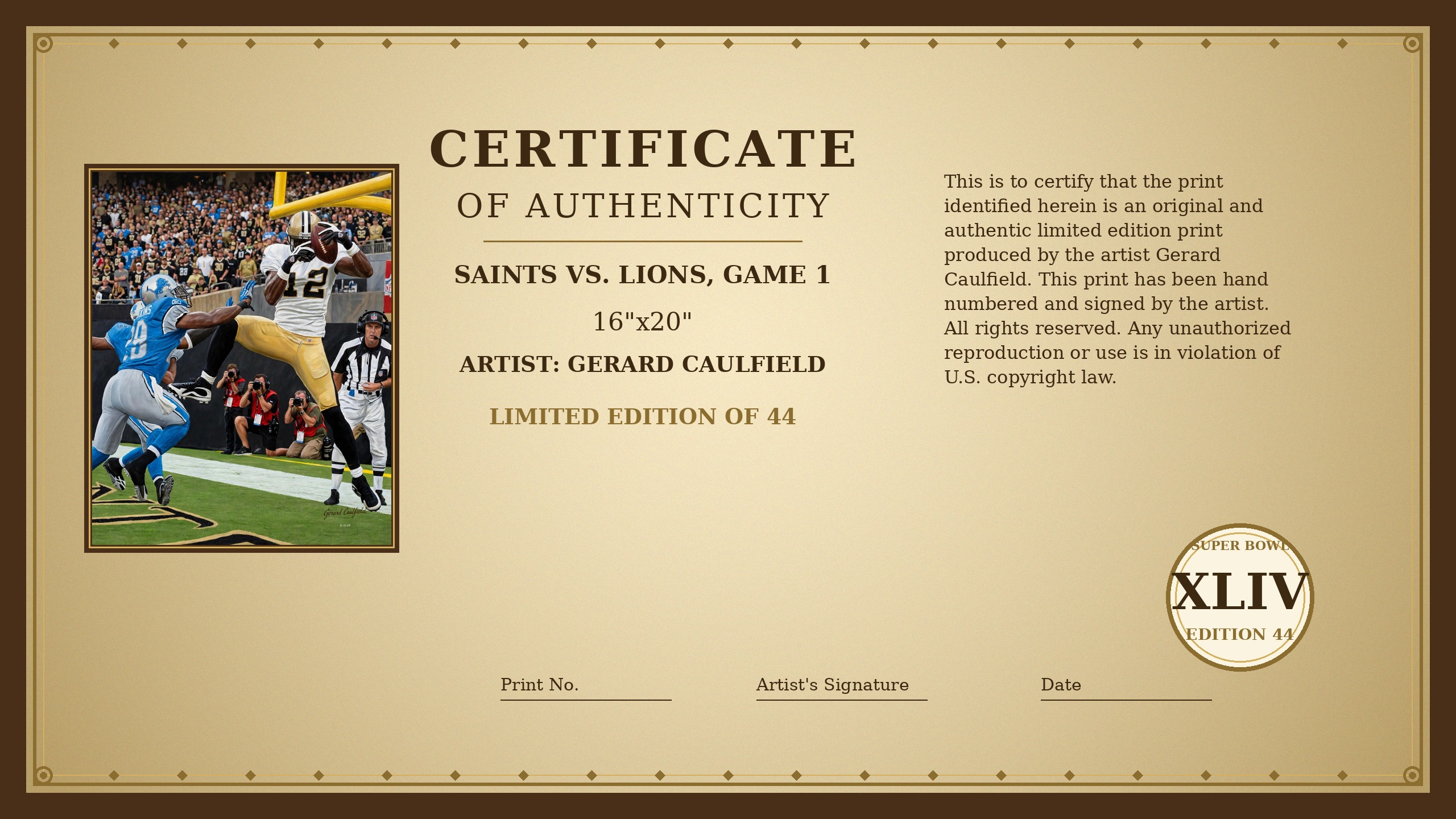 Certificate of Authenticity for Saints vs. Lions, Game 1 by Gerard Caulfield
