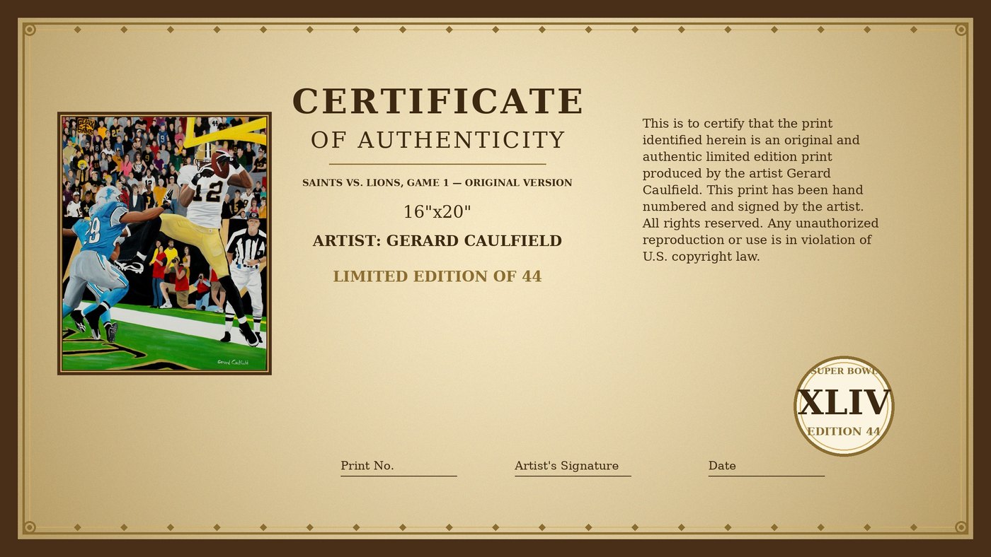 Certificate of Authenticity for Saints vs. Lions, Game 1 by Gerard Caulfield