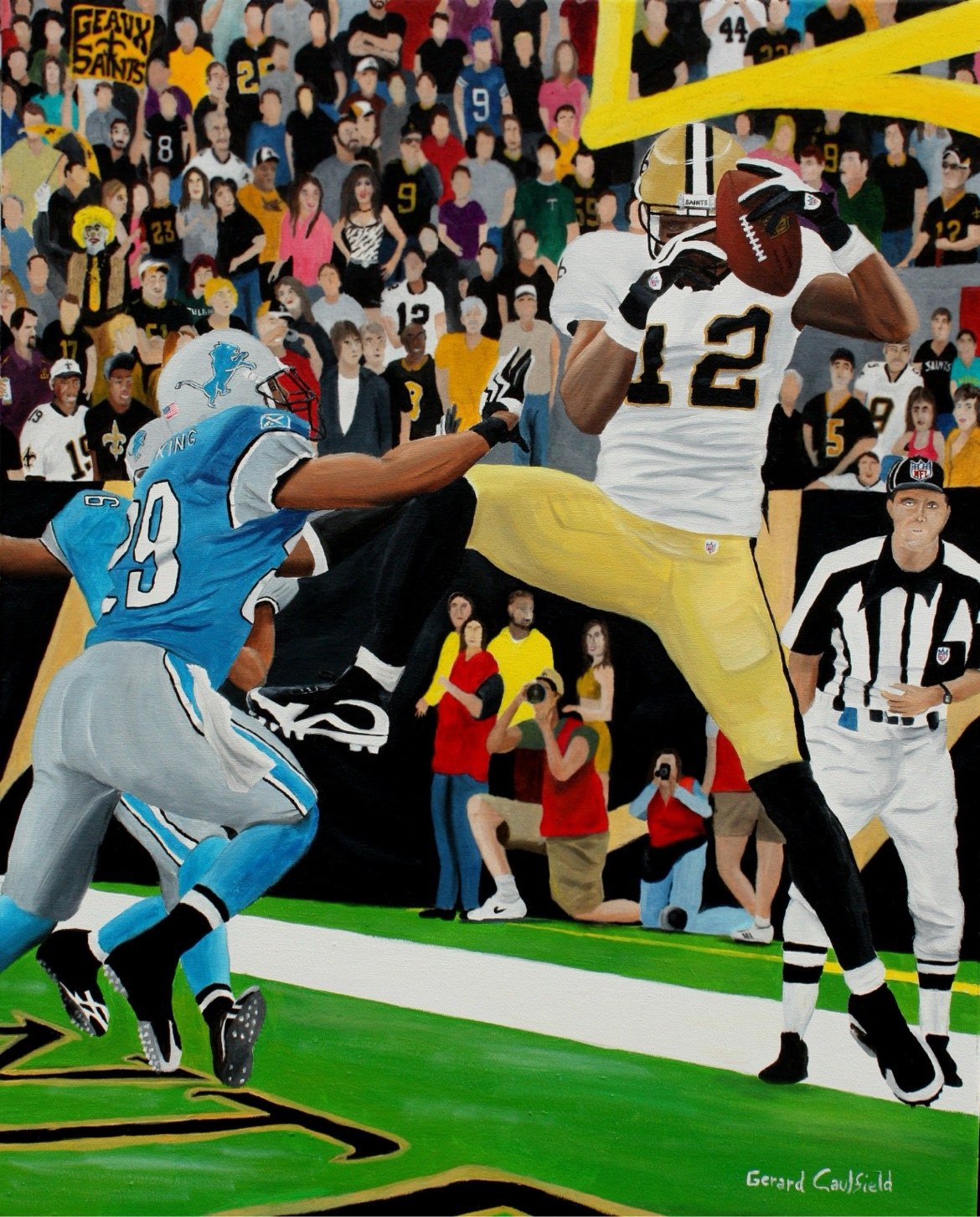 Original oil painting for Saints vs. Lions, Game 1, artwork by Gerard Caulfield