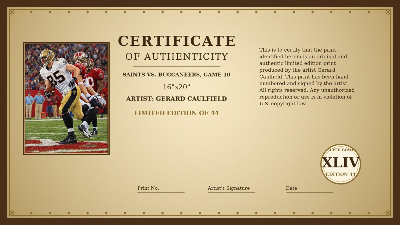Certificate of Authenticity for Saints vs. Buccaneers, Game 10 by Gerard Caulfield