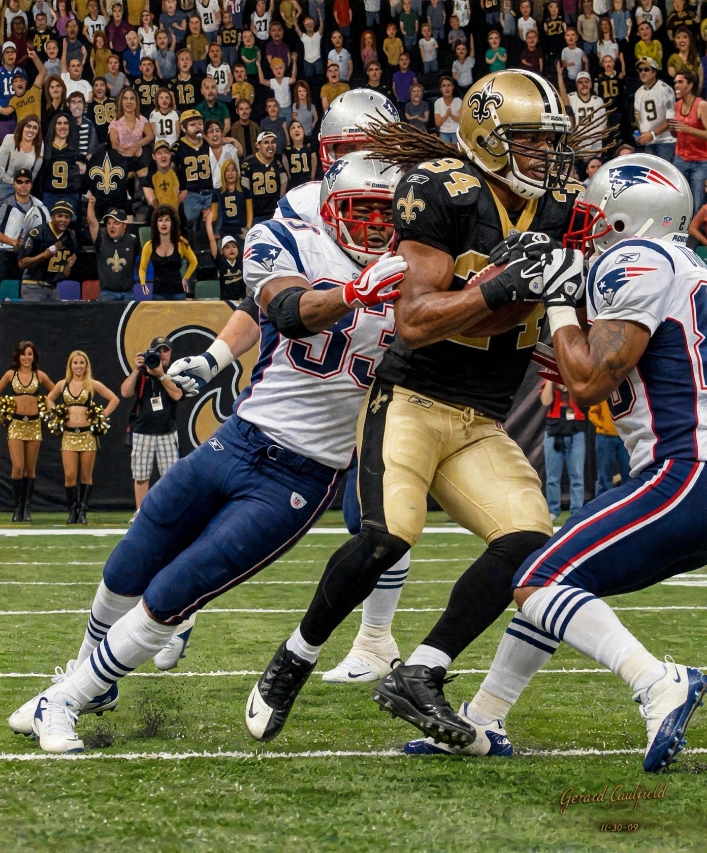 Art to AI version for Saints vs. Patriots, Game 11, artwork by Gerard Caulfield