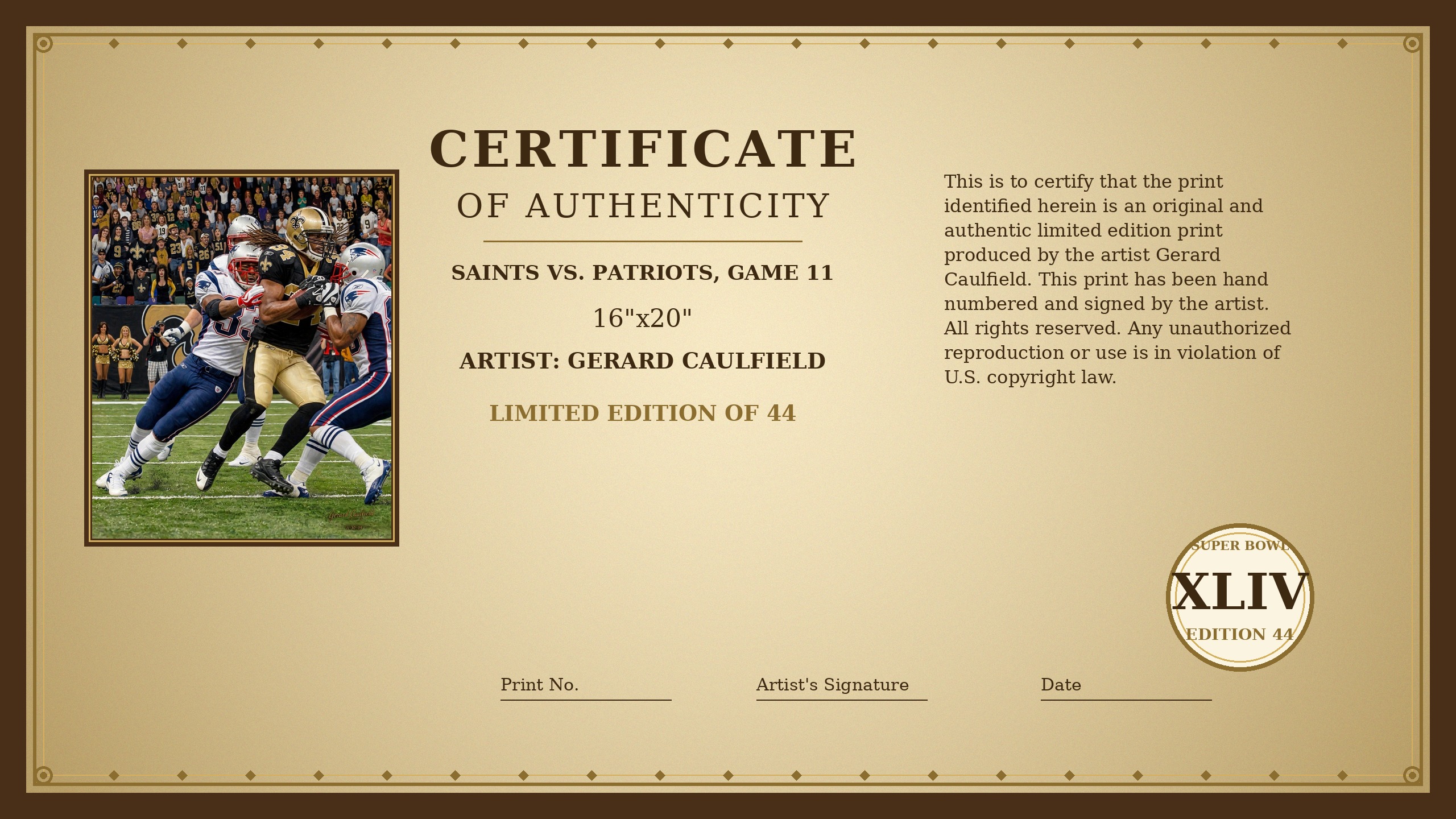 Certificate of Authenticity for Saints vs. Patriots, Game 11 by Gerard Caulfield
