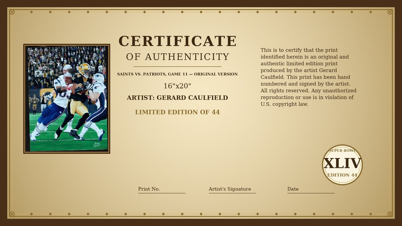 Certificate of Authenticity for Saints vs. Patriots, Game 11 by Gerard Caulfield