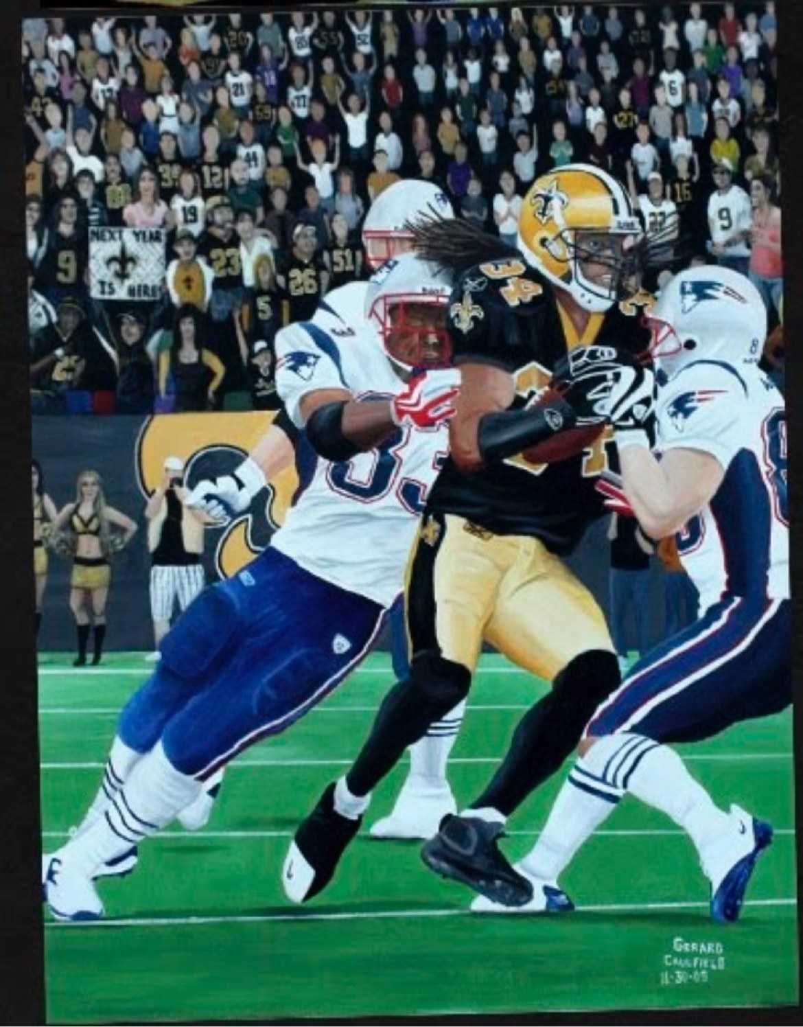 Original oil painting for Saints vs. Patriots, Game 11, artwork by Gerard Caulfield
