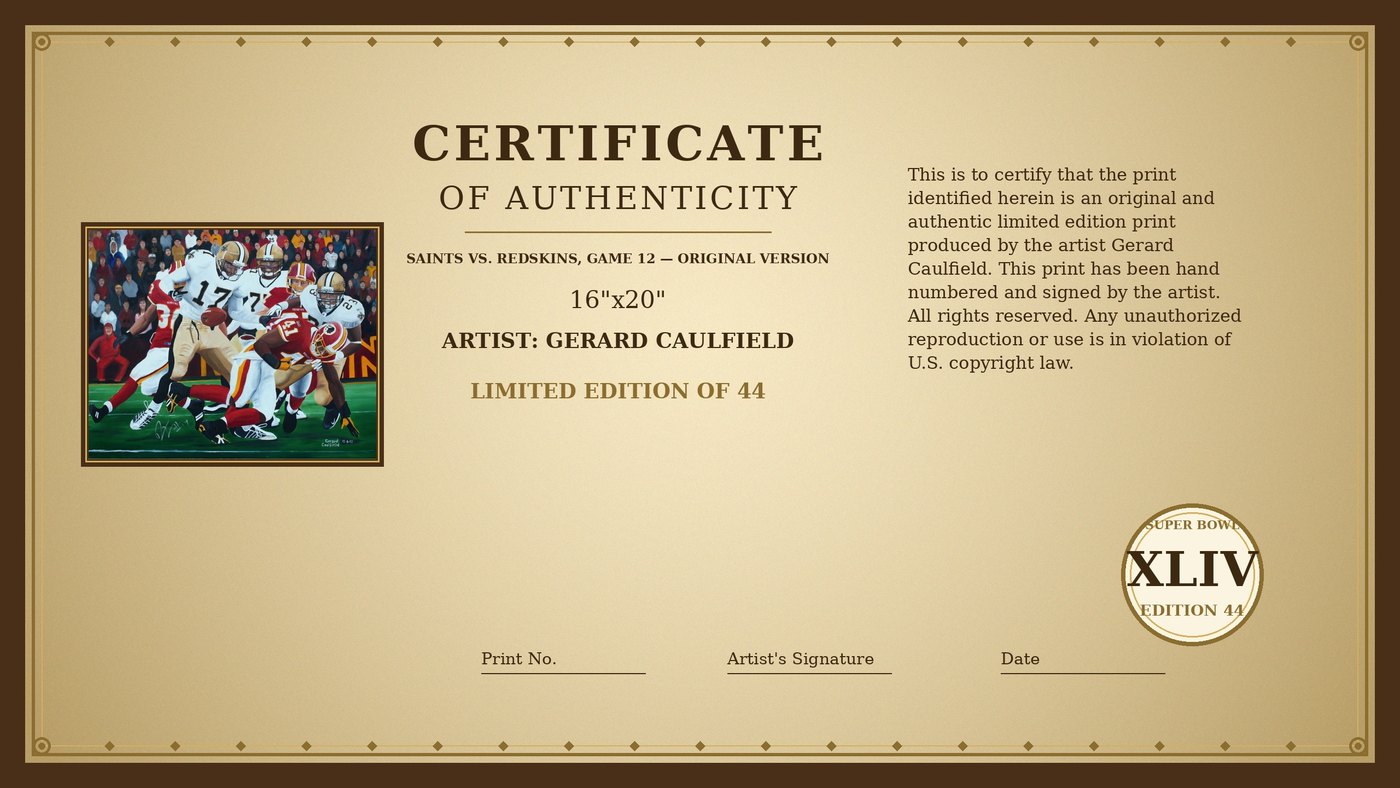 Certificate of Authenticity for Saints vs. Redskins, Game 12 by Gerard Caulfield