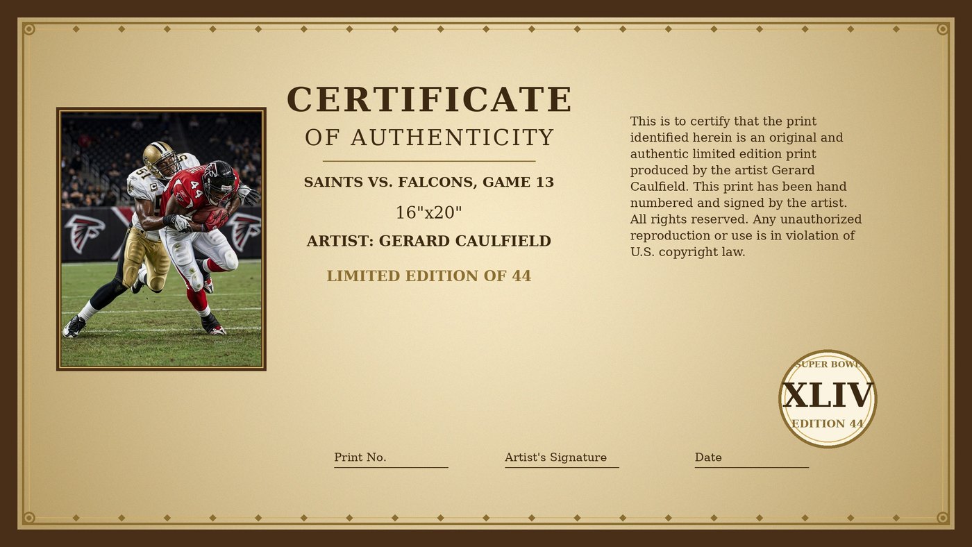 Certificate of Authenticity for Saints vs. Falcons, Game 13 by Gerard Caulfield