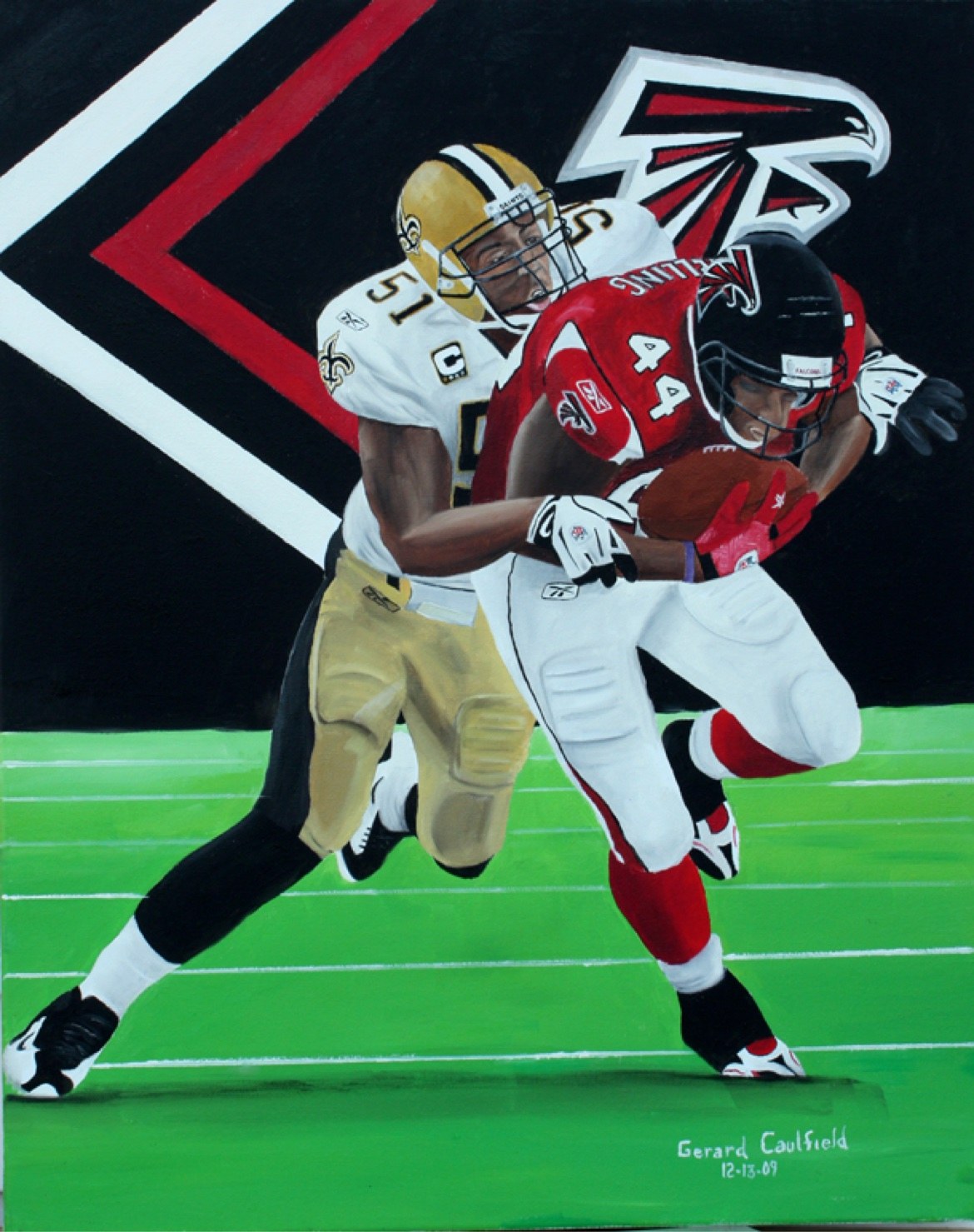 Original oil painting for Saints vs. Falcons, Game 13, artwork by Gerard Caulfield