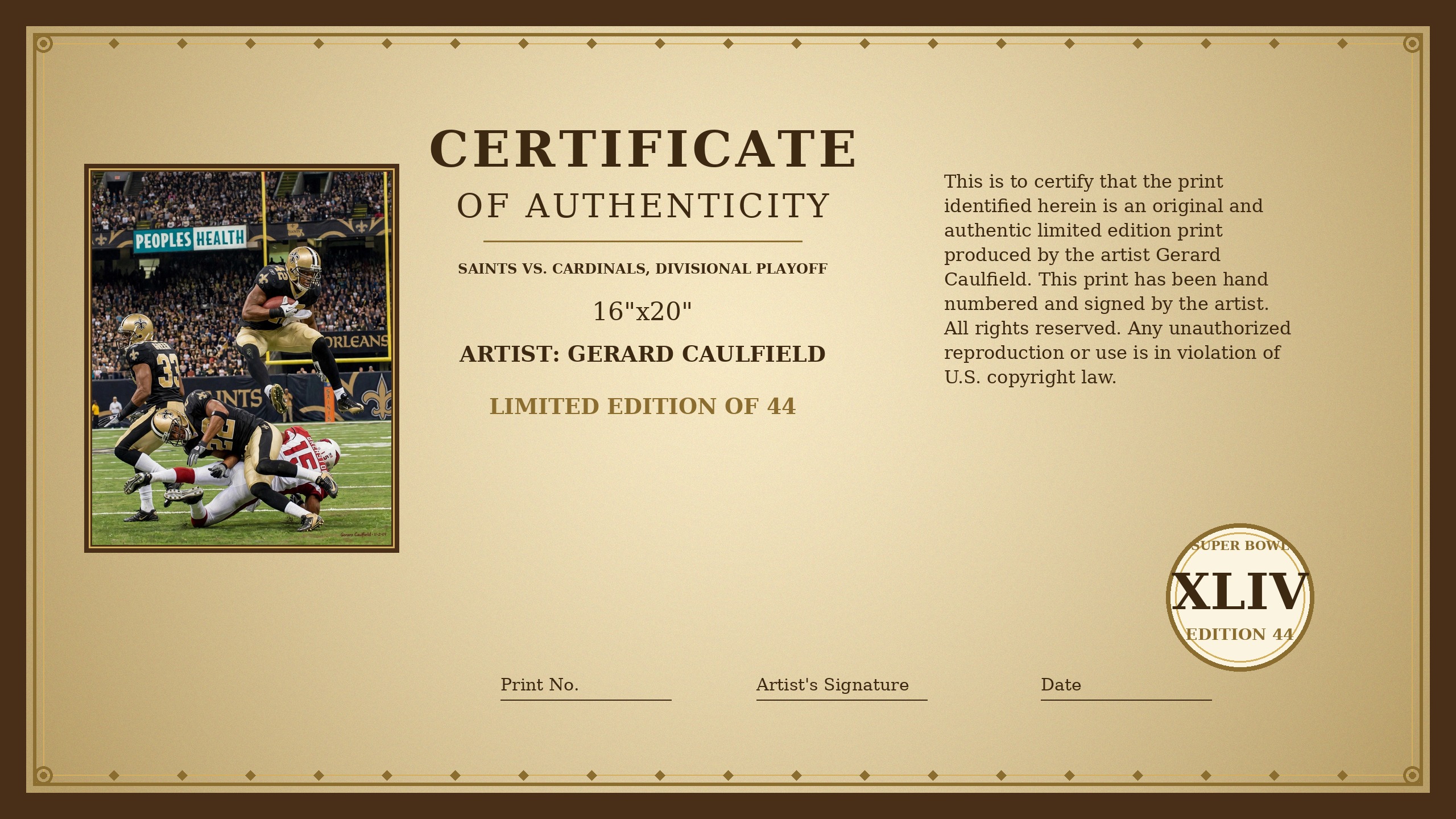 Certificate of Authenticity for Saints vs. Cardinals — Divisional Playoff by Gerard Caulfield