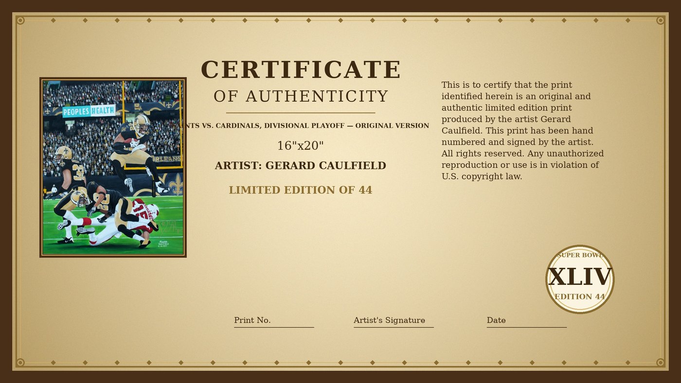 Certificate of Authenticity for Saints vs. Cardinals — Divisional Playoff by Gerard Caulfield