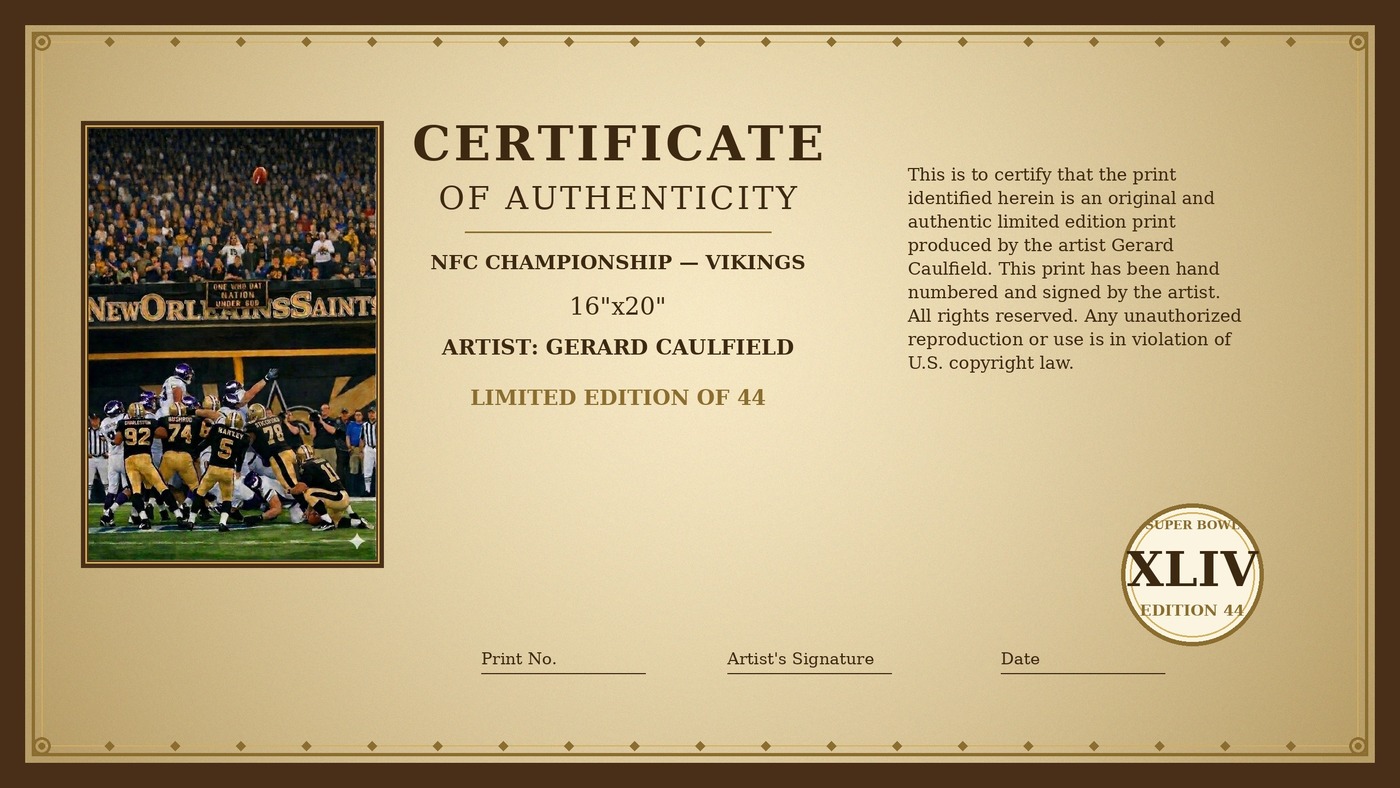 Certificate of Authenticity for NFC Championship — Vikings by Gerard Caulfield