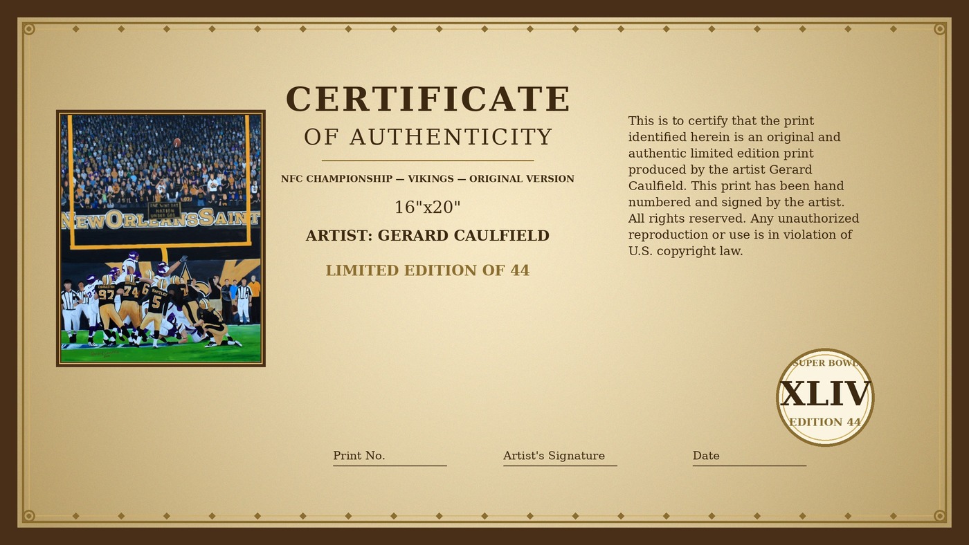 Certificate of Authenticity for NFC Championship — Vikings by Gerard Caulfield