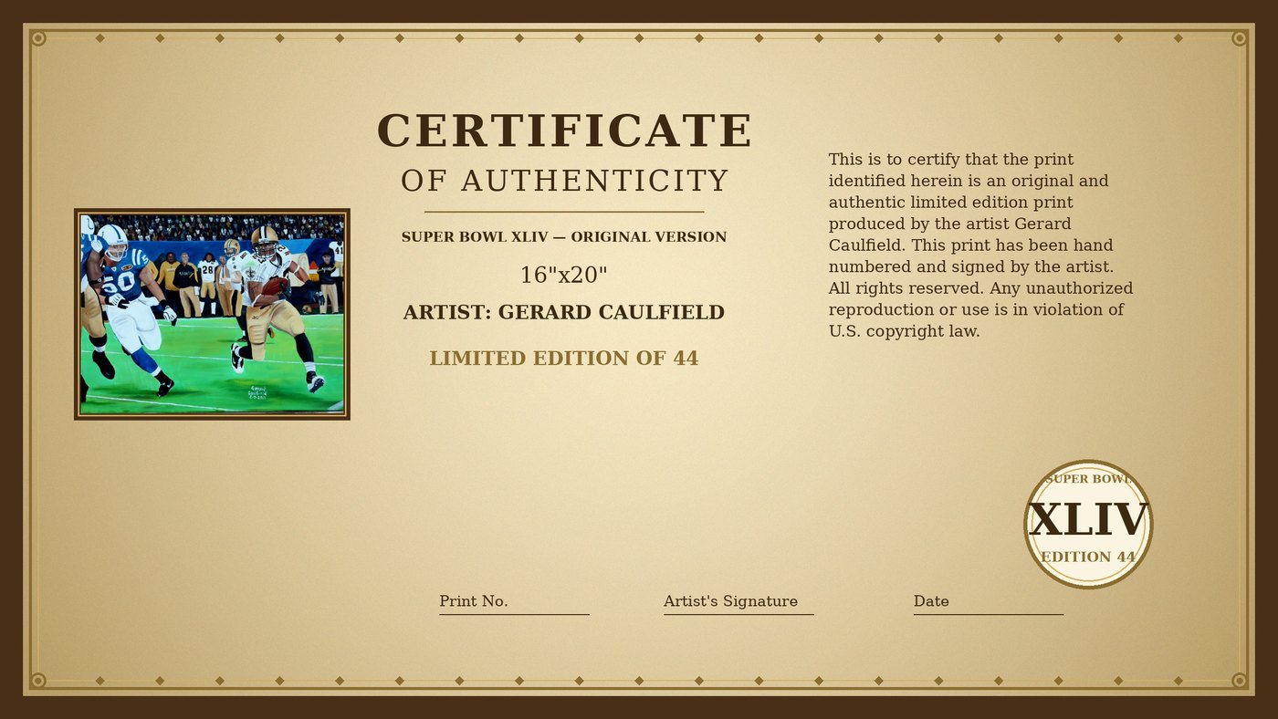 Certificate of Authenticity for Super Bowl XLIV by Gerard Caulfield