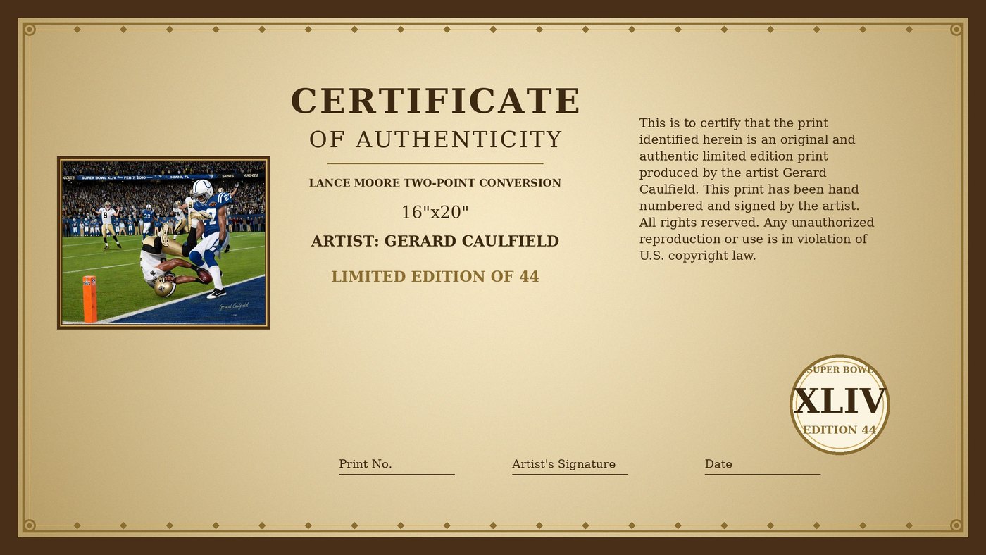 Certificate of Authenticity for Lance Moore Two-Point Conversion by Gerard Caulfield