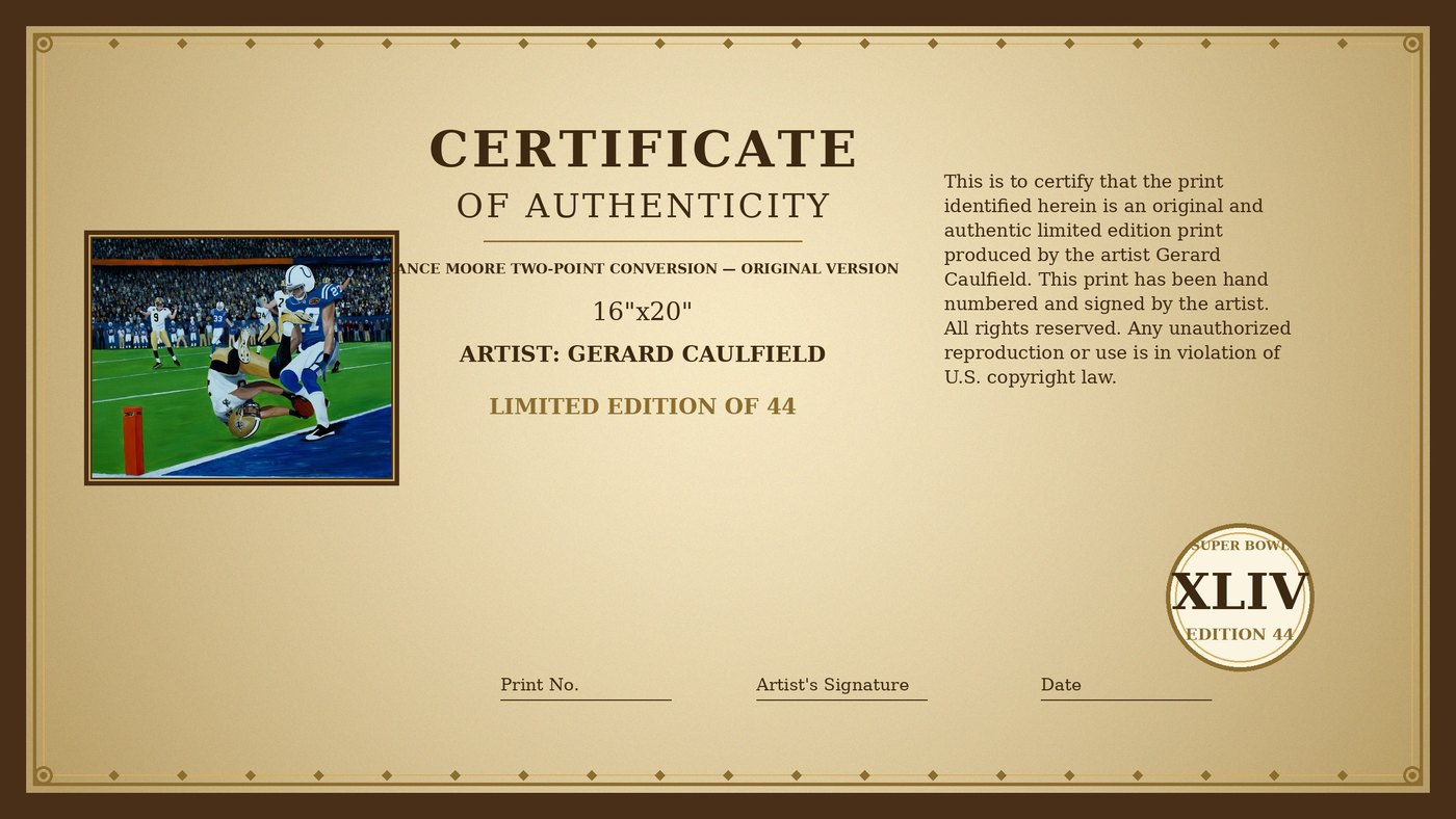 Certificate of Authenticity for Lance Moore Two-Point Conversion by Gerard Caulfield