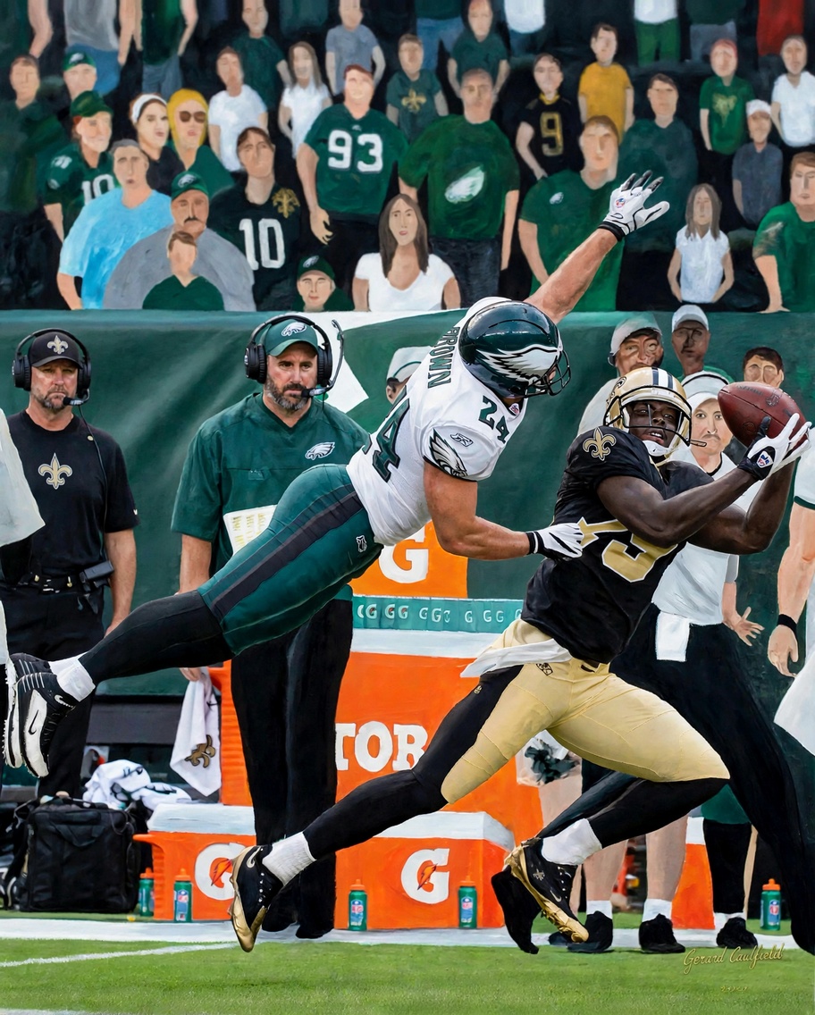 Art to AI version for Saints vs. Eagles, Game 2, artwork by Gerard Caulfield