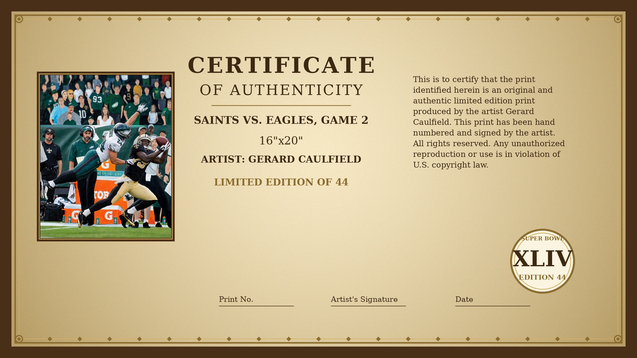 Certificate of Authenticity for Saints vs. Eagles, Game 2 by Gerard Caulfield