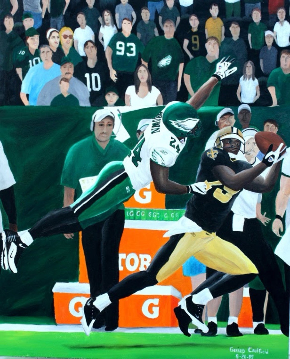 Original oil painting for Saints vs. Eagles, Game 2, artwork by Gerard Caulfield