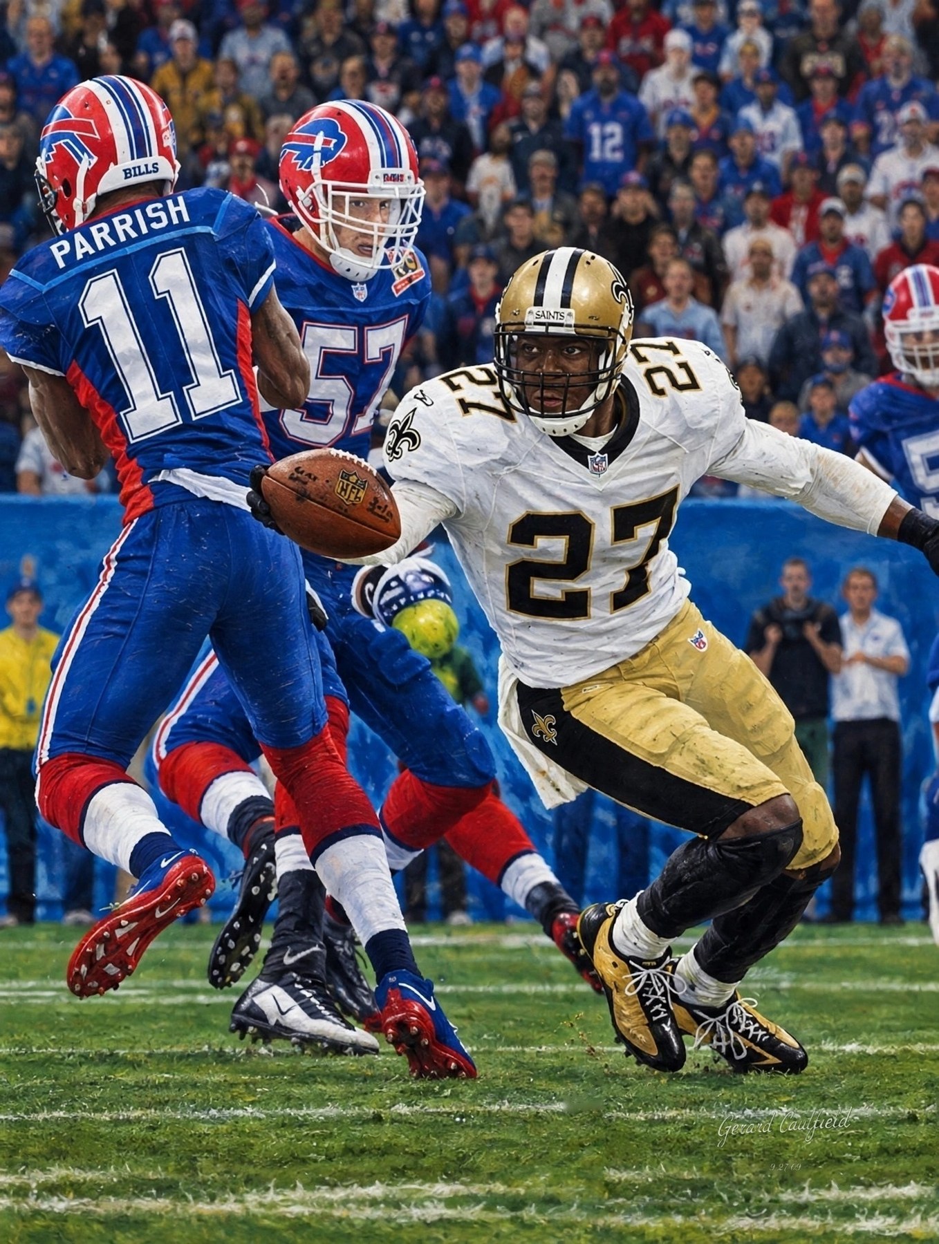 Art to AI version for Saints vs. Bills, Game 3, artwork by Gerard Caulfield