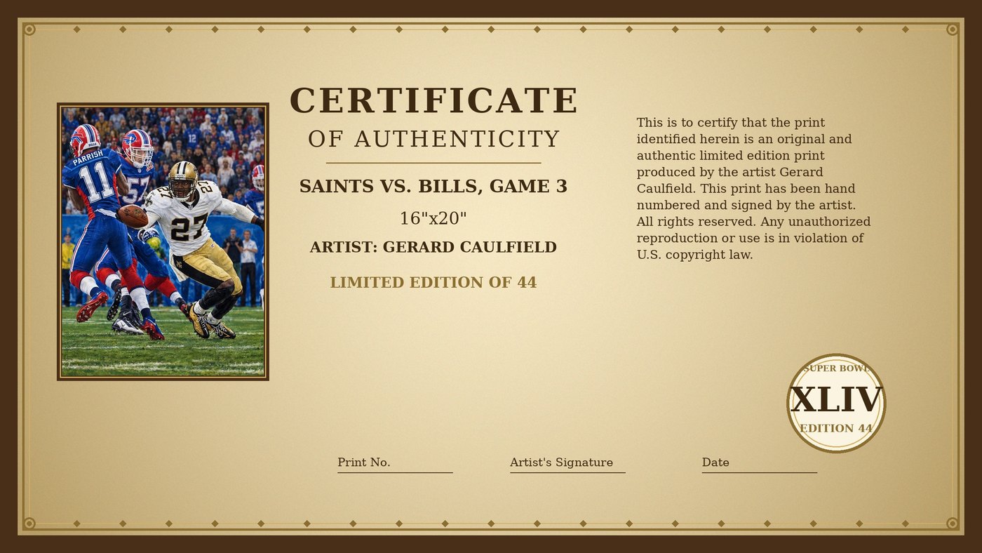 Certificate of Authenticity for Saints vs. Bills, Game 3 by Gerard Caulfield