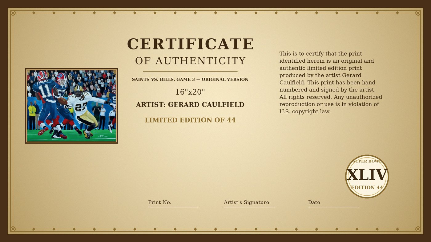 Certificate of Authenticity for Saints vs. Bills, Game 3 by Gerard Caulfield