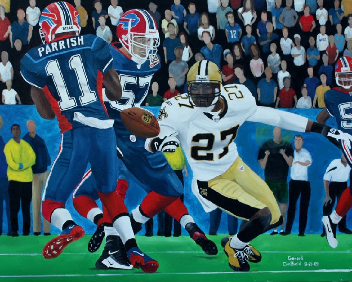 Original oil painting for Saints vs. Bills, Game 3, artwork by Gerard Caulfield