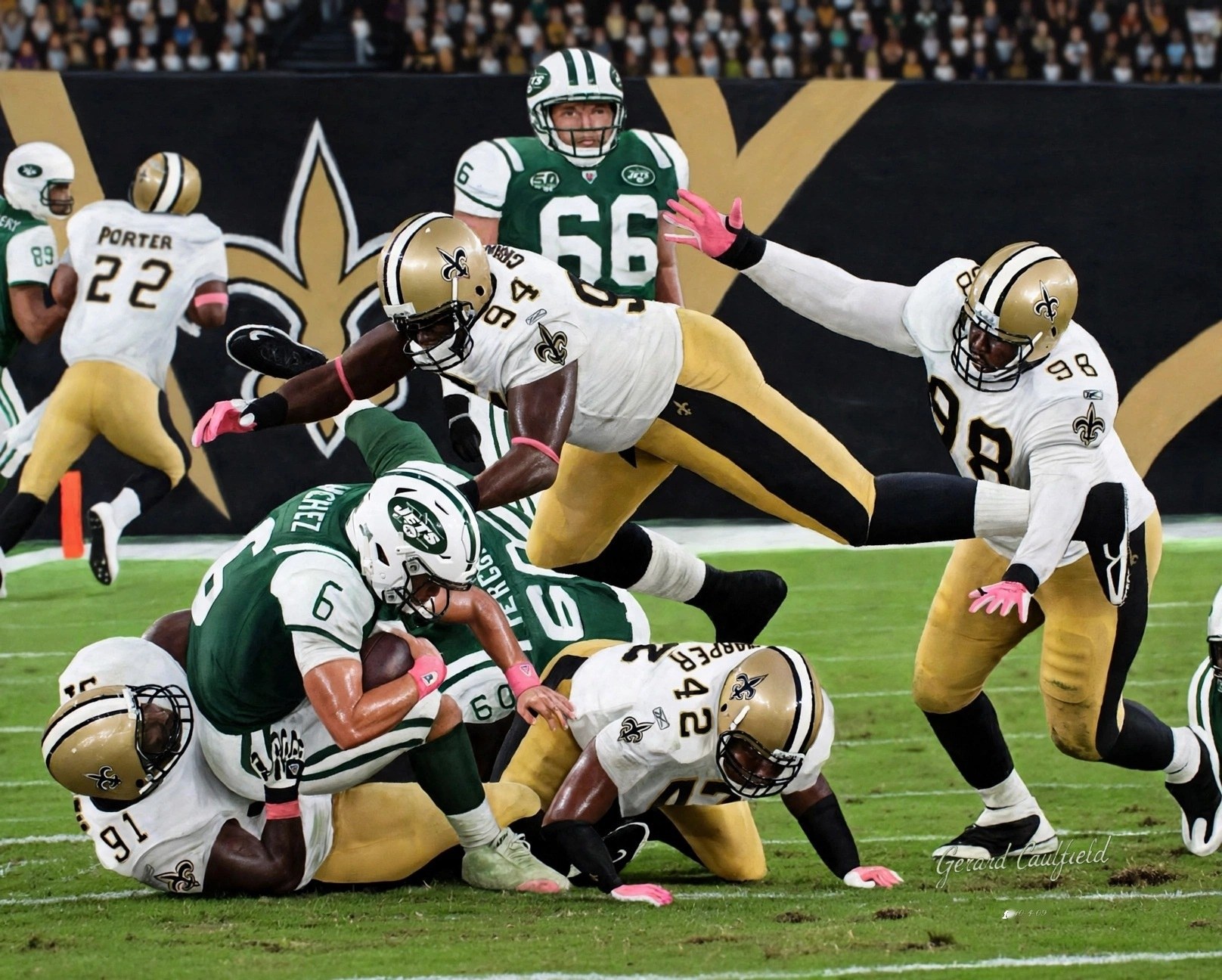 Art to AI version for Saints vs. Jets, Game 4, artwork by Gerard Caulfield