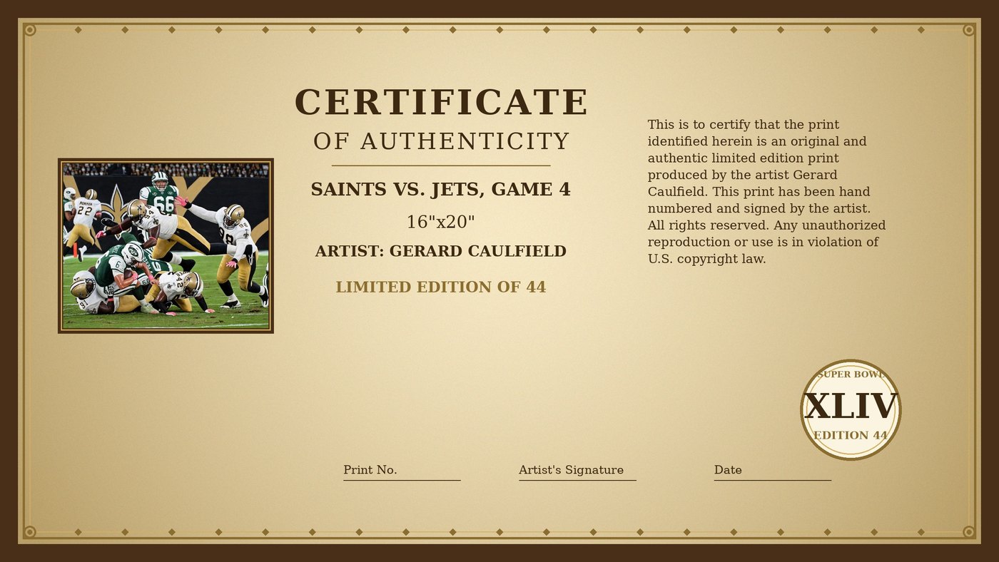 Certificate of Authenticity for Saints vs. Jets, Game 4 by Gerard Caulfield
