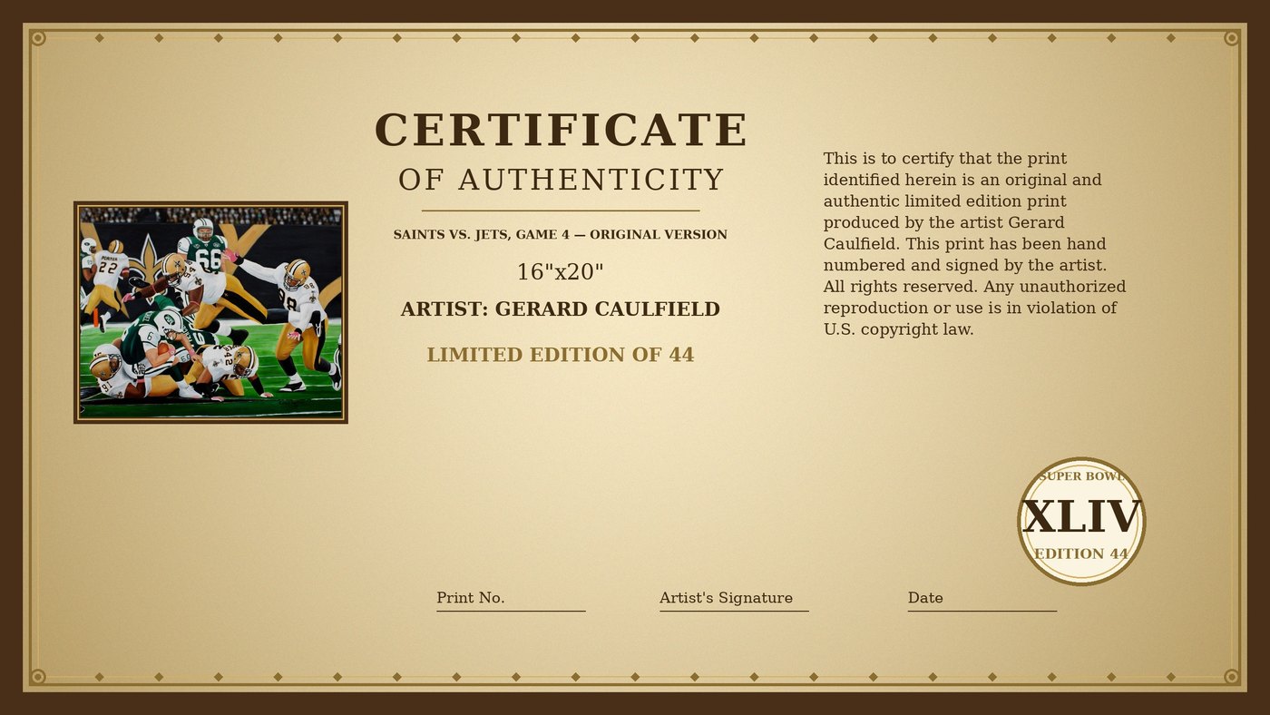 Certificate of Authenticity for Saints vs. Jets, Game 4 by Gerard Caulfield