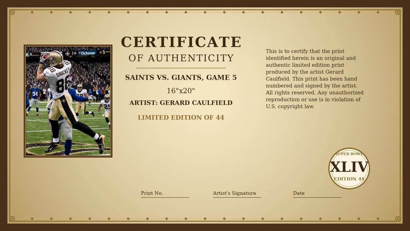 Certificate of Authenticity for Saints vs. Giants, Game 5 by Gerard Caulfield