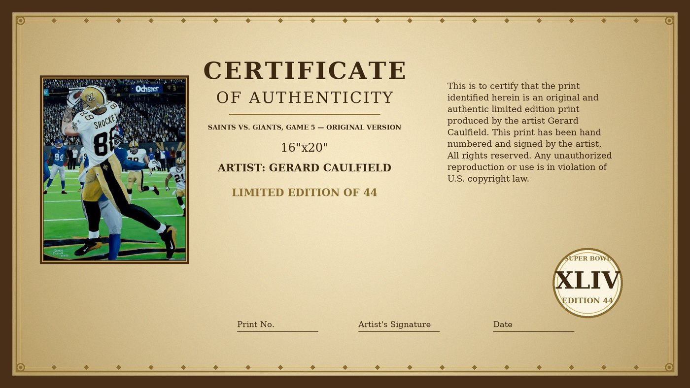 Certificate of Authenticity for Saints vs. Giants, Game 5 by Gerard Caulfield