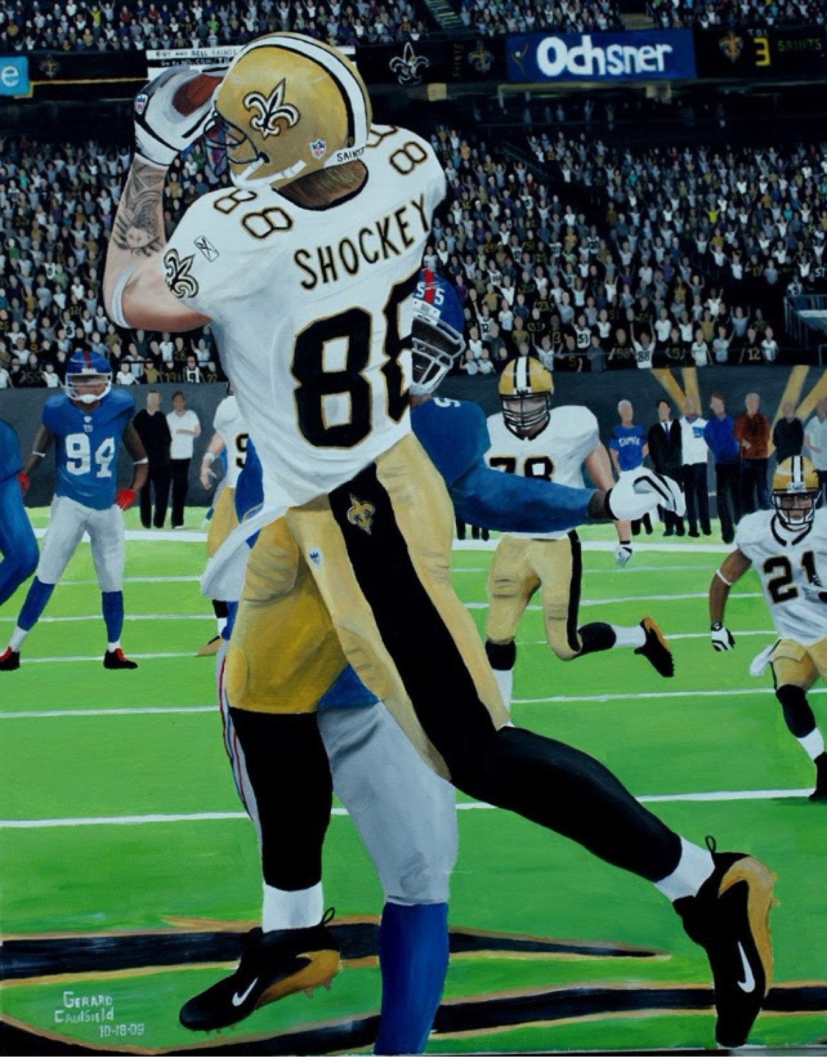 Original oil painting for Saints vs. Giants, Game 5, artwork by Gerard Caulfield