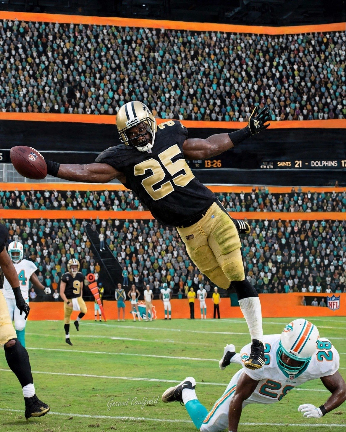 Art to AI version for Saints vs. Dolphins, Game 6, artwork by Gerard Caulfield