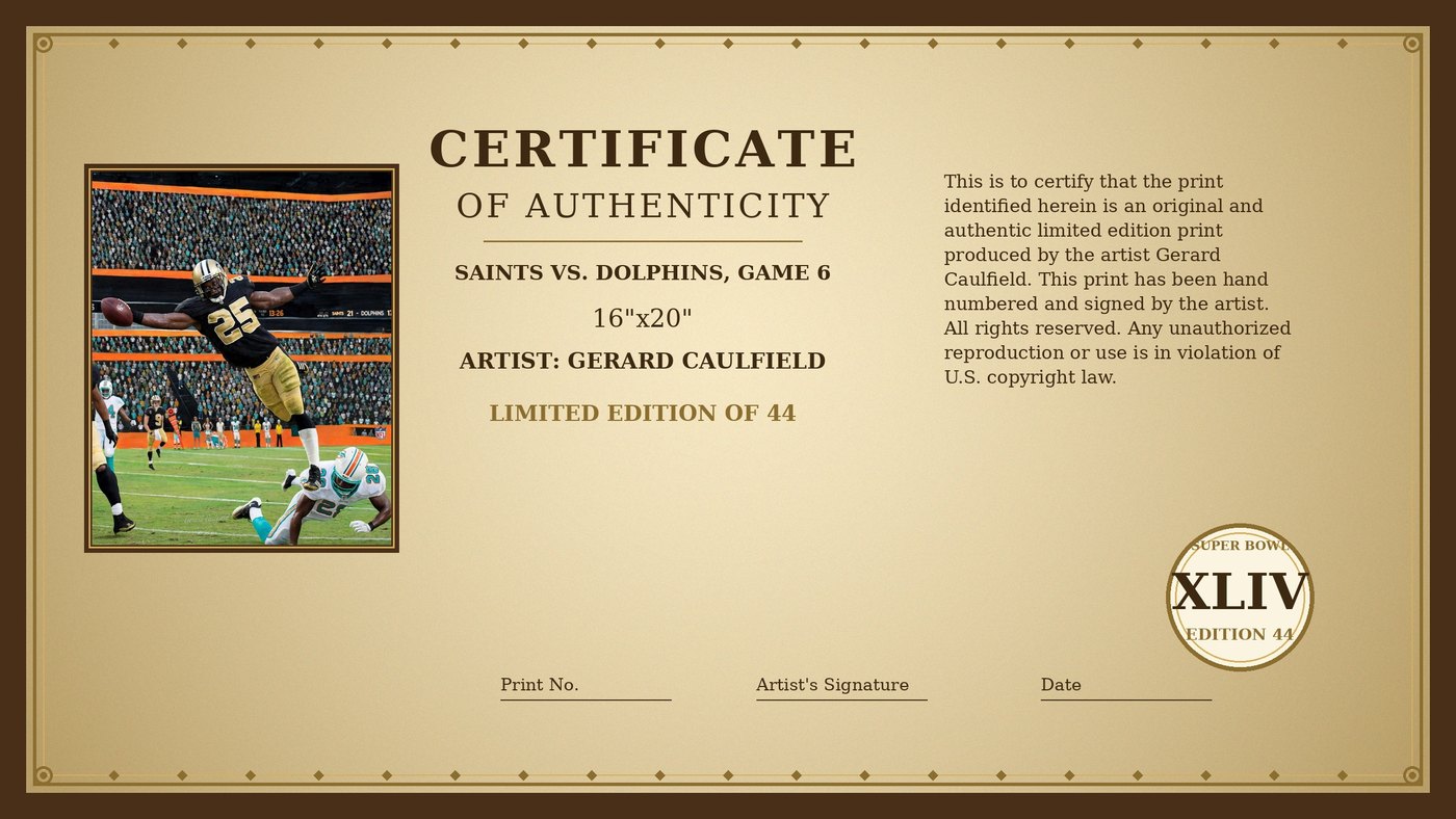 Certificate of Authenticity for Saints vs. Dolphins, Game 6 by Gerard Caulfield